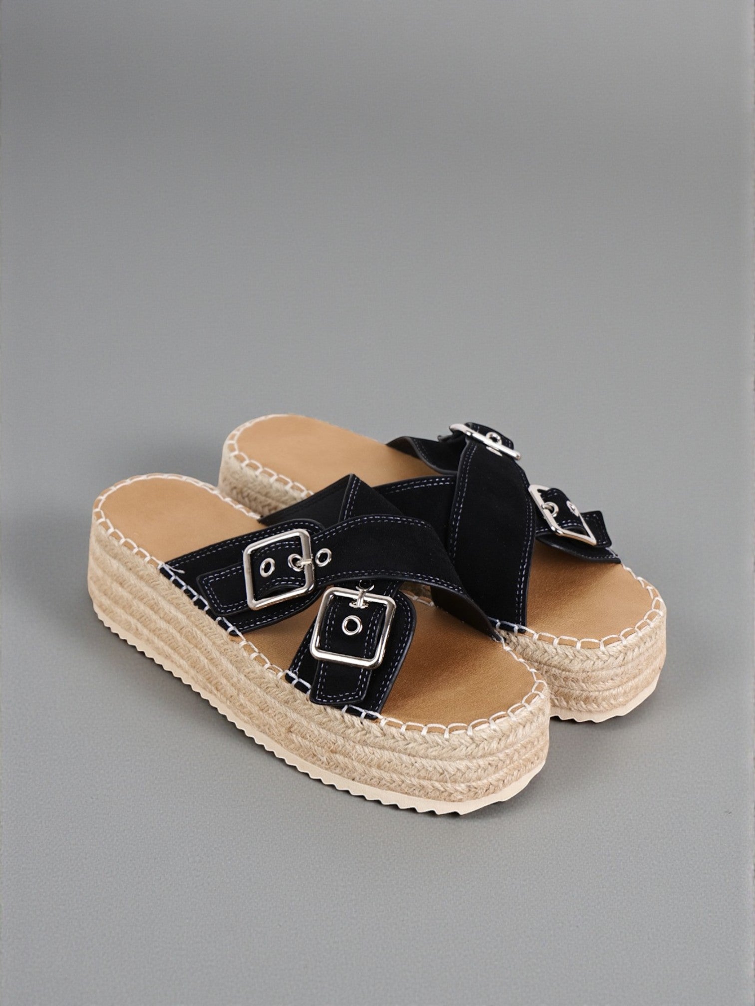 Sandalias Mujer doble tira cruzada con Plataforma de Yute Trenzado, Doble Hebilla Metálica Ajustable, Tiras Cruzadas Anchas, Suela Antideslizante, Estilo Espadrille Casual Verano en Cuero Sintético Negro