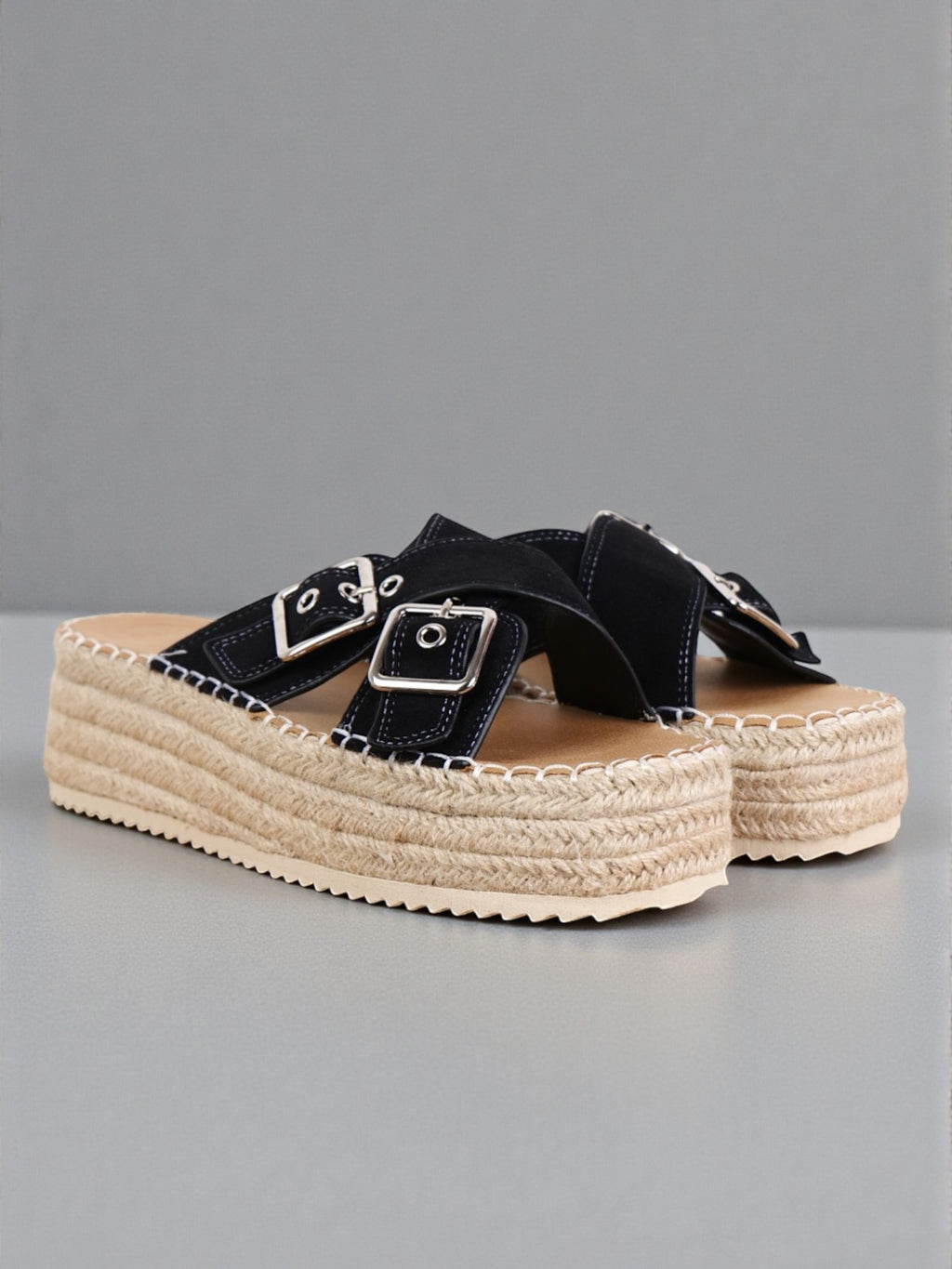 Sandalias Mujer doble tira cruzada con Plataforma de Yute Trenzado, Doble Hebilla Metálica Ajustable, Tiras Cruzadas Anchas, Suela Antideslizante, Estilo Espadrille Casual Verano en Cuero Sintético Negro