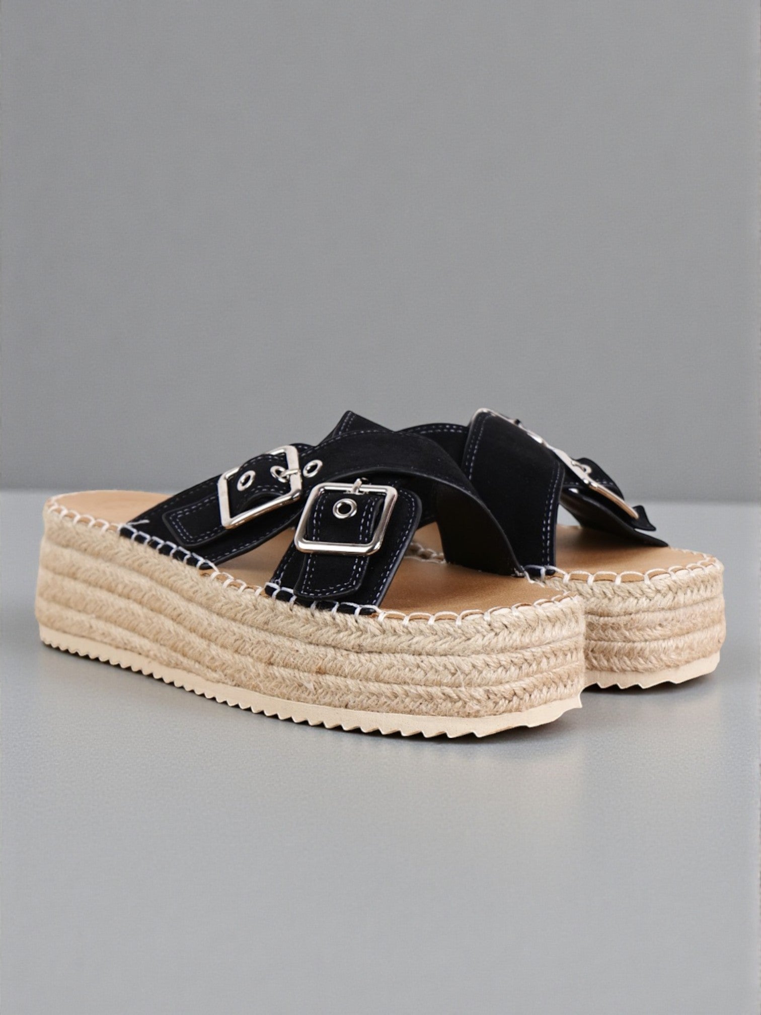 Sandalias Mujer doble tira cruzada con Plataforma de Yute Trenzado, Doble Hebilla Metálica Ajustable, Tiras Cruzadas Anchas, Suela Antideslizante, Estilo Espadrille Casual Verano en Cuero Sintético Negro