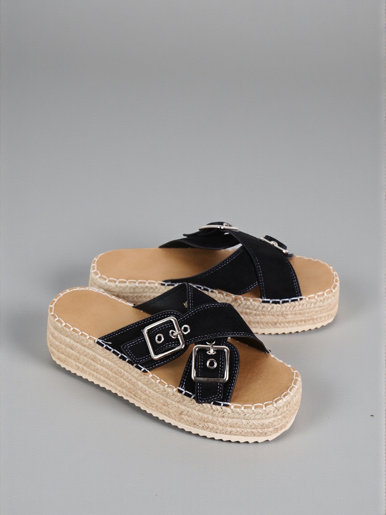 Sandalias Mujer doble tira cruzada con Plataforma de Yute Trenzado, Doble Hebilla Metálica Ajustable, Tiras Cruzadas Anchas, Suela Antideslizante, Estilo Espadrille Casual Verano en Cuero Sintético Negro