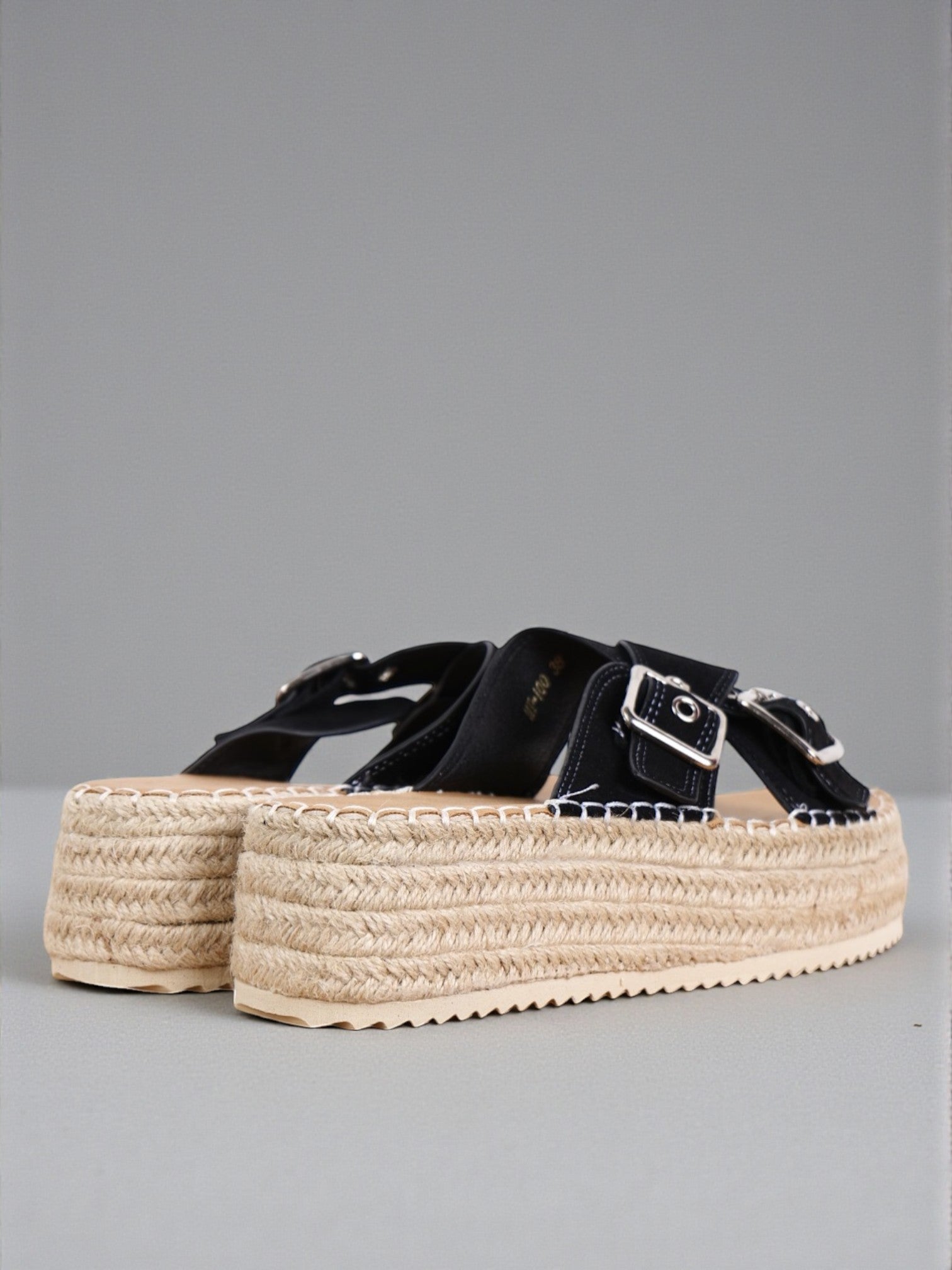 Sandalias Mujer doble tira cruzada con Plataforma de Yute Trenzado, Doble Hebilla Metálica Ajustable, Tiras Cruzadas Anchas, Suela Antideslizante, Estilo Espadrille Casual Verano en Cuero Sintético Negro