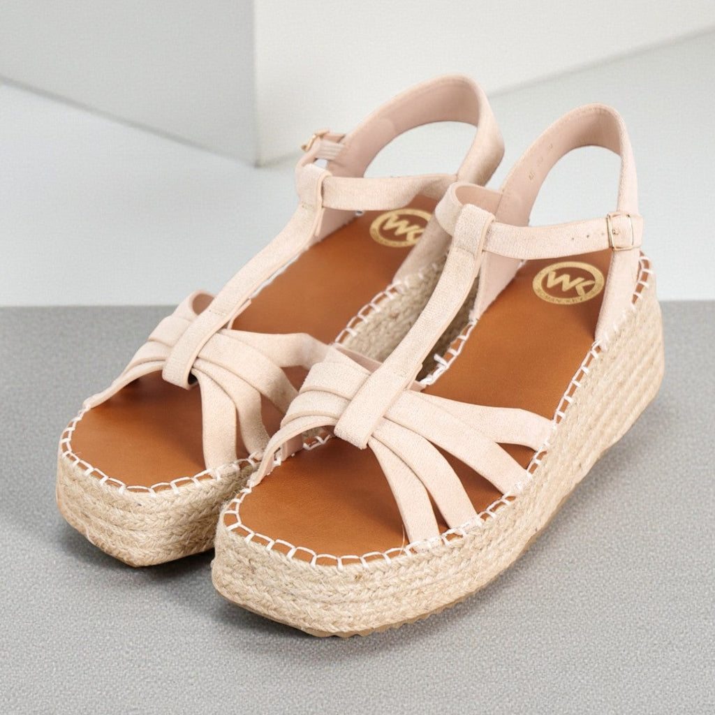 Sandalias Plataforma Mujer con Yute Trenzado, Tira en T y Pulsera Ajustable, Cuña Baja Estilo Espadrille, Sandalias Verano Casual Elegantes en Gamuza Sintética – Color Beige y Camel