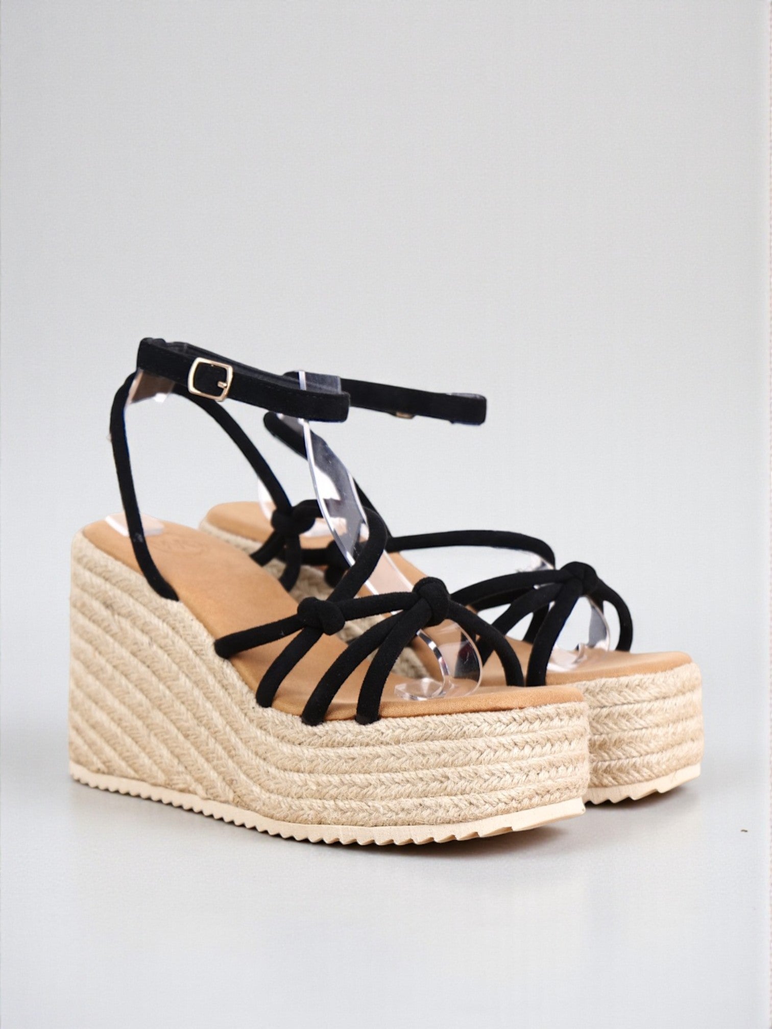 Sandalias de Plataforma Mujer con Cuña de Yute Trenzado, Tiras Cruzadas y Nudo Frontal, Pulsera Ajustable al Tobillo, Estilo Espadrille Verano, Tacón Medio Alto Cómodo, Casual Elegante en Gamuza Sintética – Color Negro y Beige