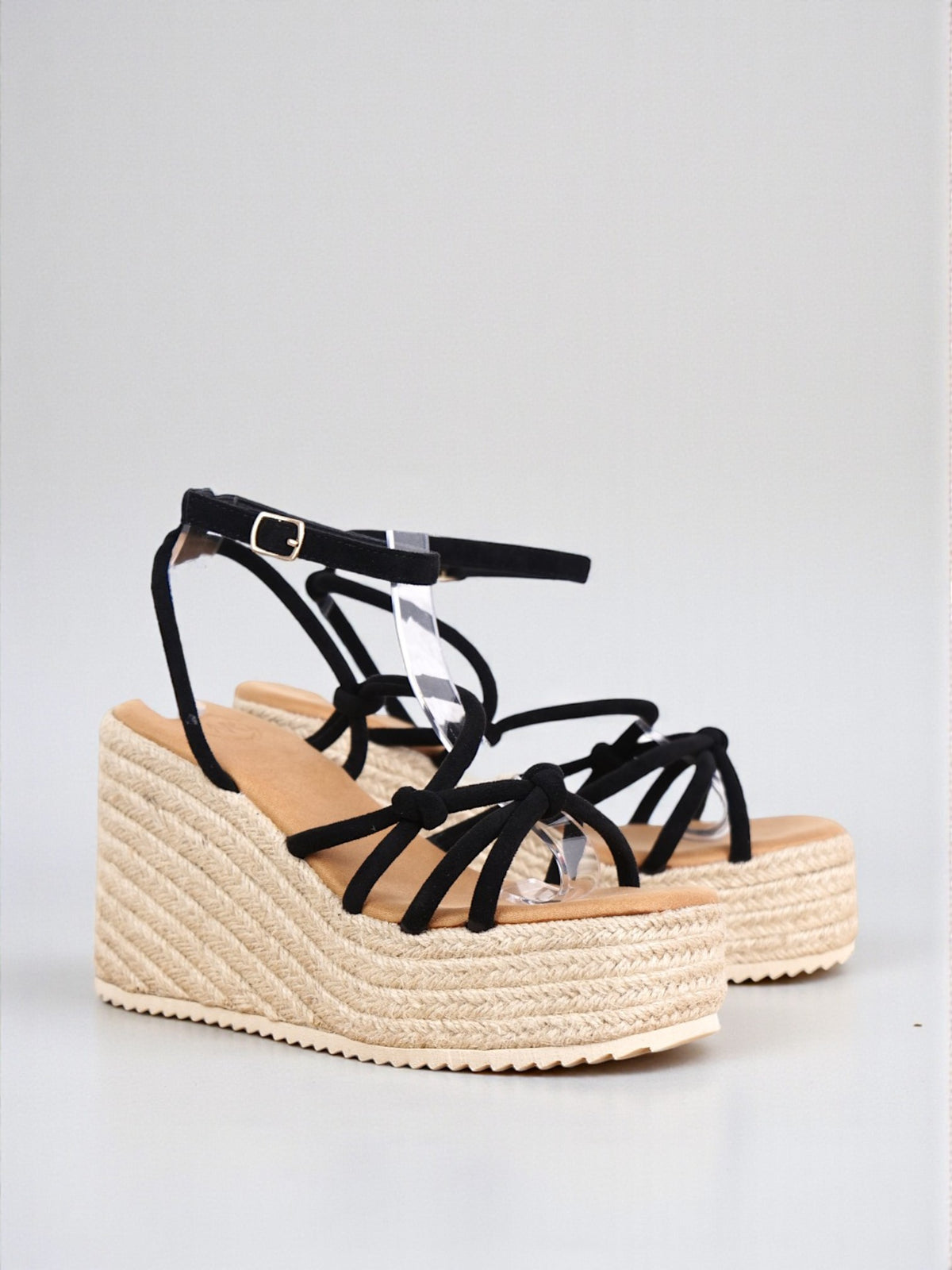 Sandalias de Plataforma Mujer con Cuña de Yute Trenzado, Tiras Cruzadas y Nudo Frontal, Pulsera Ajustable al Tobillo, Estilo Espadrille Verano, Tacón Medio Alto Cómodo, Casual Elegante en Gamuza Sintética – Color Negro y Beige