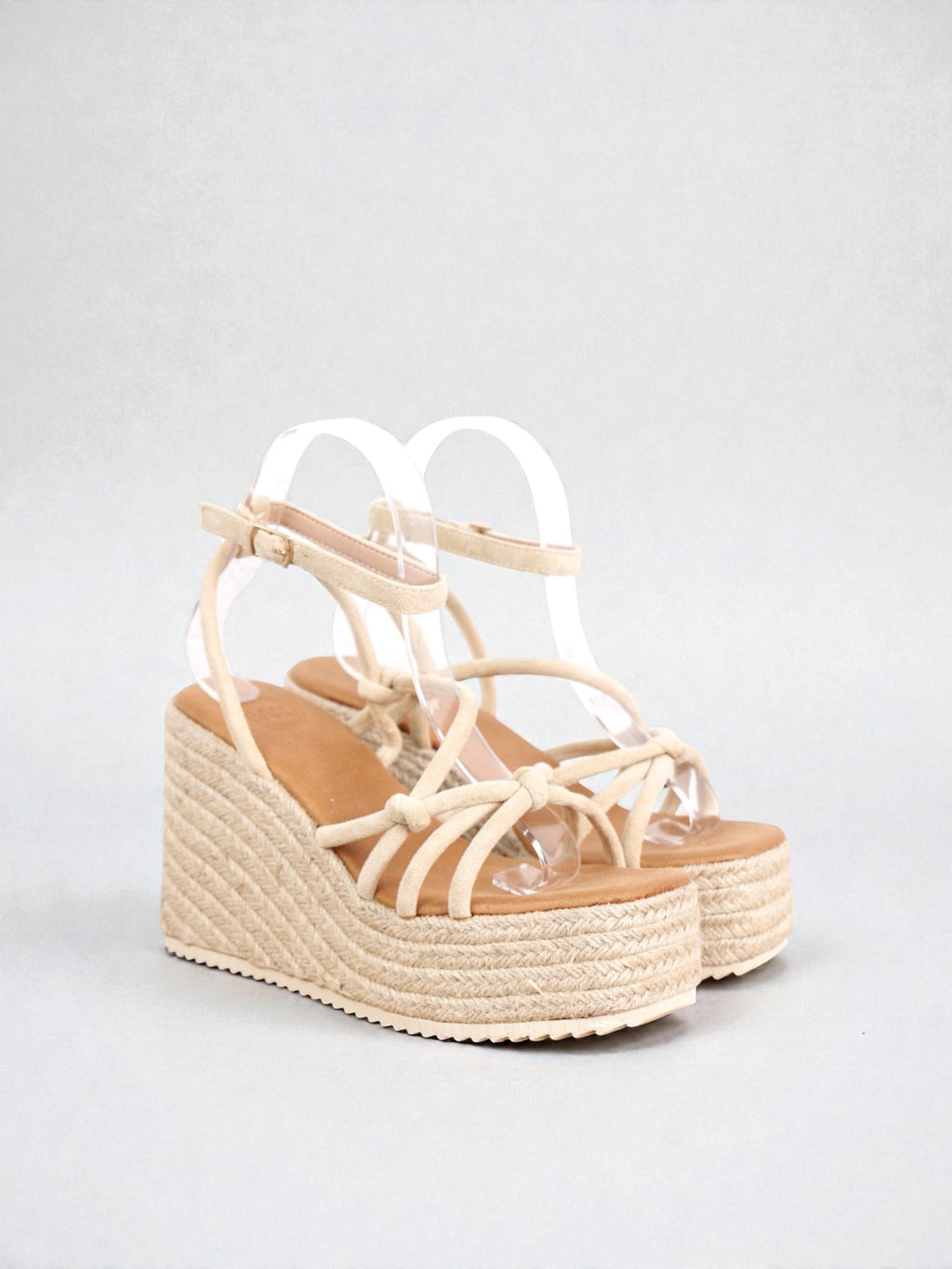 Sandalias de Plataforma Mujer con Cuña de Yute Trenzado, Tiras Cruzadas y Nudo Frontal, Pulsera Ajustable al Tobillo, Estilo Espadrille Verano, Tacón Medio Alto Cómodo, Casual Elegante en Gamuza Sintética – Color Negro y Beige
