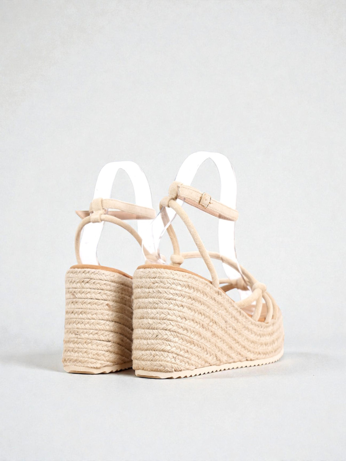 Sandalias de Plataforma Mujer con Cuña de Yute Trenzado, Tiras Cruzadas y Nudo Frontal, Pulsera Ajustable al Tobillo, Estilo Espadrille Verano, Tacón Medio Alto Cómodo, Casual Elegante en Gamuza Sintética – Color Negro y Beige