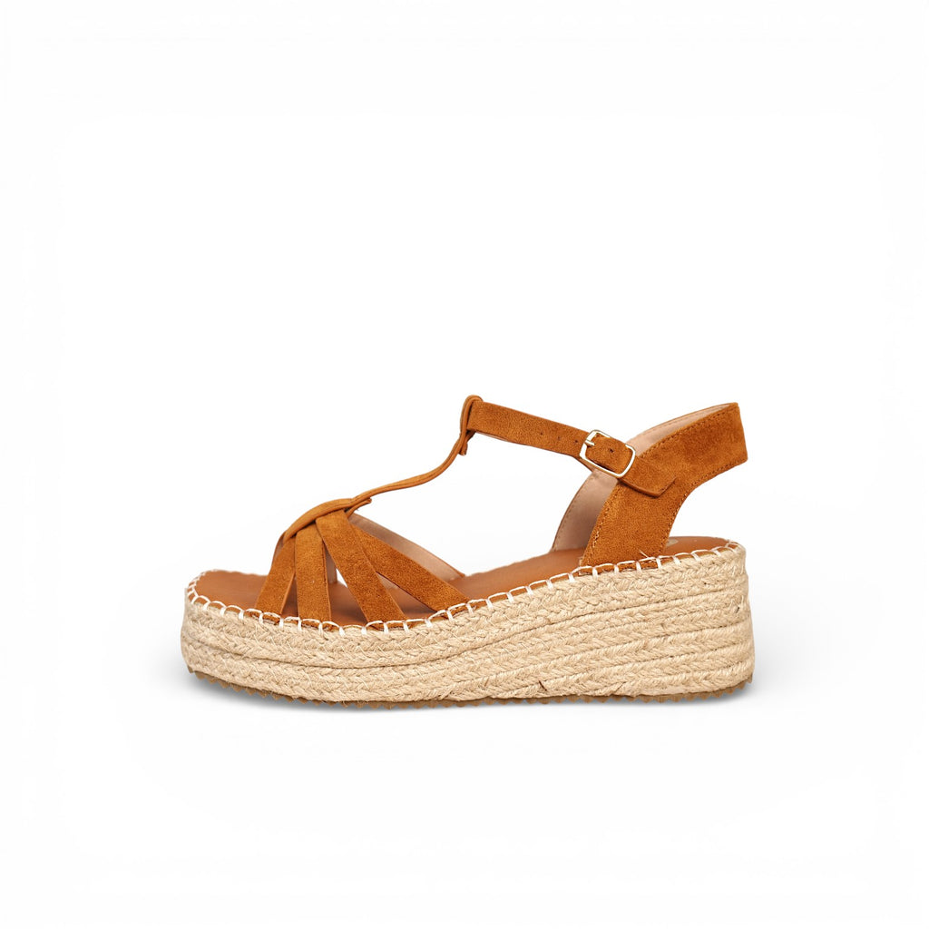 Sandalias Plataforma Mujer con Yute Trenzado, Tira en T y Pulsera Ajustable, Cuña Baja Estilo Espadrille, Sandalias Verano Casual Elegantes en Gamuza Sintética – Color Beige y Camel