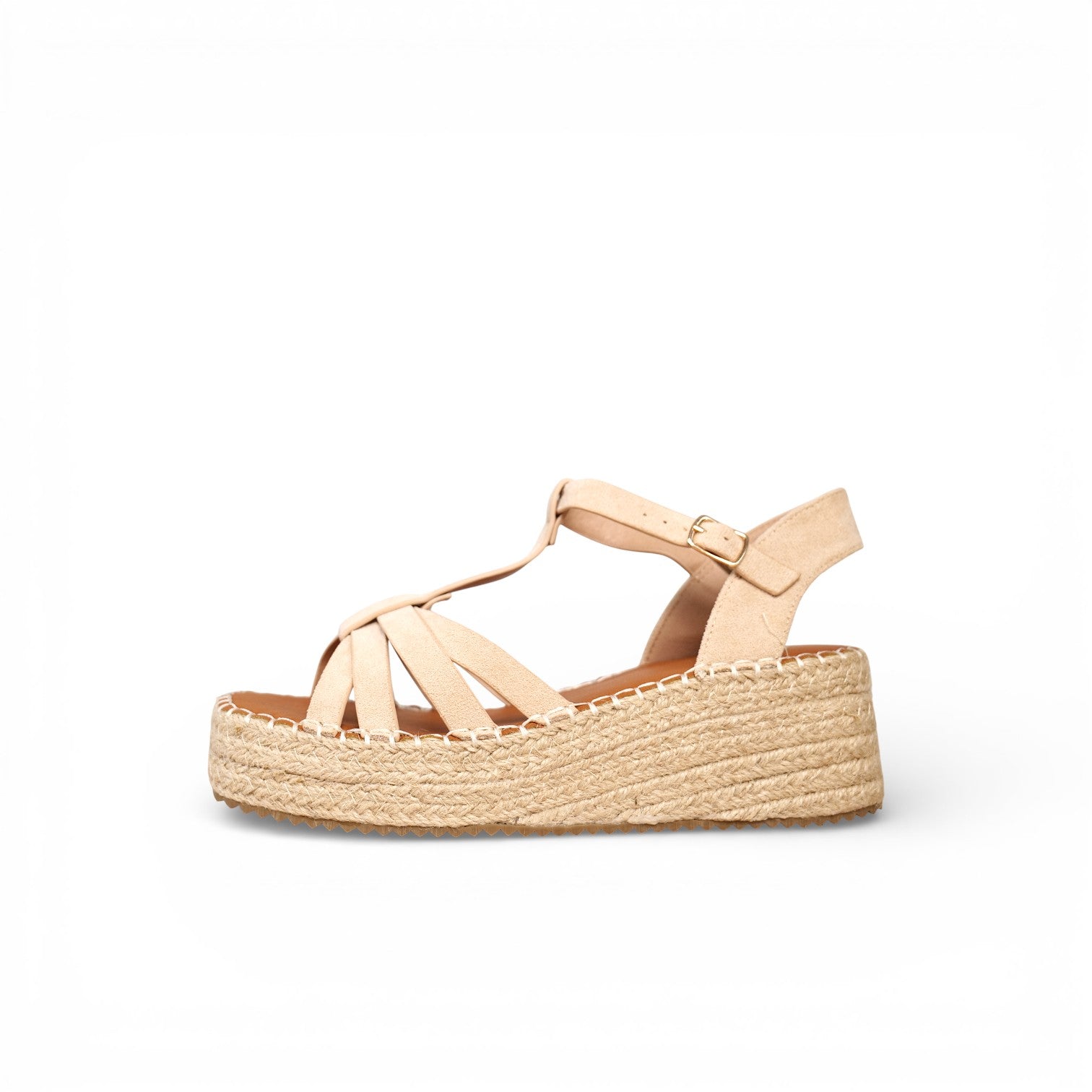 Sandalias Plataforma Mujer con Yute Trenzado, Tira en T y Pulsera Ajustable, Cuña Baja Estilo Espadrille, Sandalias Verano Casual Elegantes en Gamuza Sintética – Color Beige y Camel