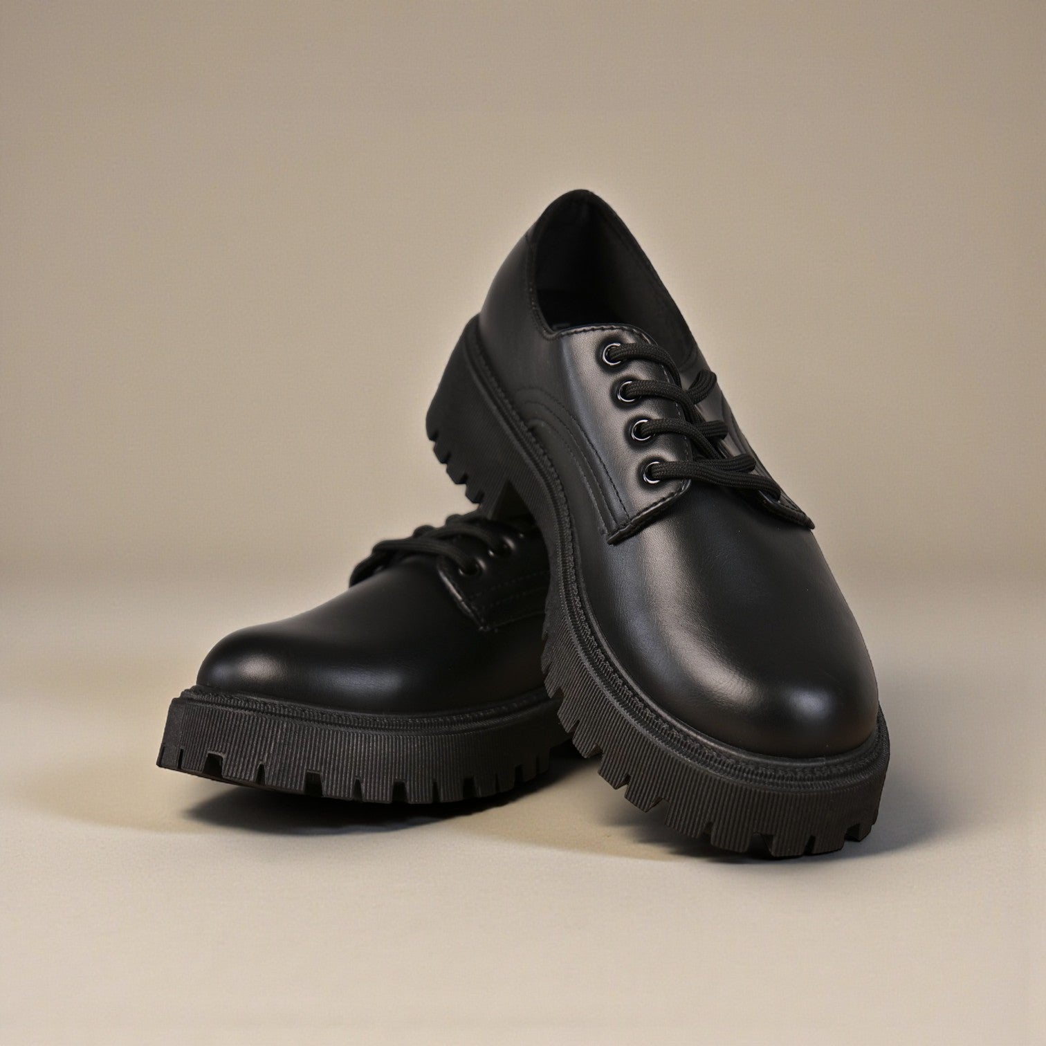 Zapatos tipo derby negros y beige con cordones y suela chunky gruesa, calzado urbano femenino de cuero sintético y gamuza sintética