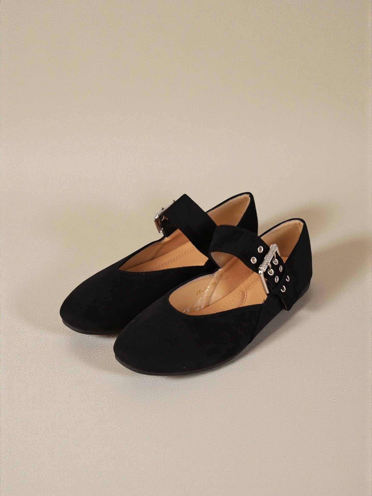 Bailarinas planas mujer de gamuza sintética con tira ajustable y hebilla metálica decorativa, zapatos tipo Mary Jane cómodos para diario, oficina y looks casuales elegantes
