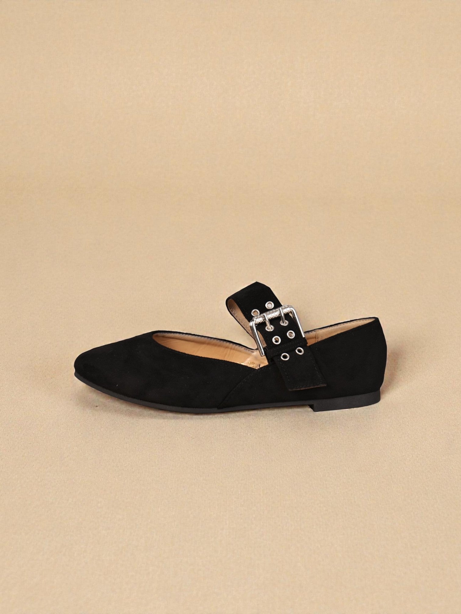 Bailarinas planas mujer de gamuza sintética con tira ajustable y hebilla metálica decorativa, zapatos tipo Mary Jane cómodos para diario, oficina y looks casuales elegantes