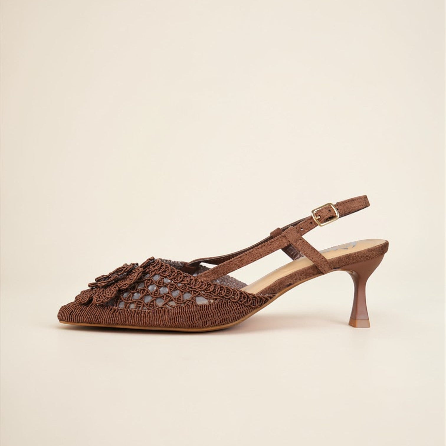 Zapatos Mujer Slingback de Tacón Bajo con Punta Fina y Detalle Floral en Encaje, Sandalias Cerradas Elegantes con Pulsera Ajustable para Fiesta, Evento y Oficina