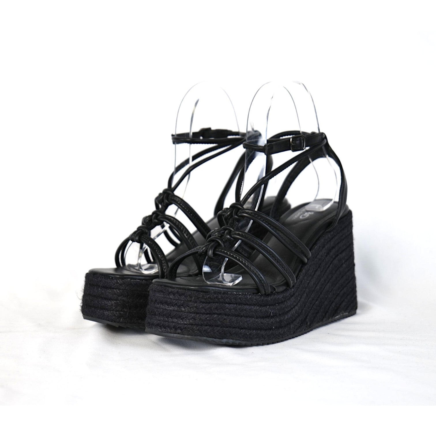 Sandalias de Cuña 11cm con Plataforma Alta Efecto Yute y Tiras con Nudos Decorativos, Sandalia con Pulsera Ajustable de Cuero Sintético para Verano, Fiesta, Vacaciones y Event