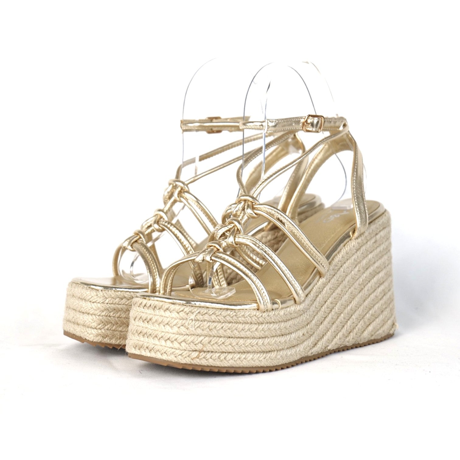 Sandalias de Cuña 11cm con Plataforma Alta Efecto Yute y Tiras con Nudos Decorativos, Sandalia con Pulsera Ajustable de Cuero Sintético para Verano, Fiesta, Vacaciones y Event