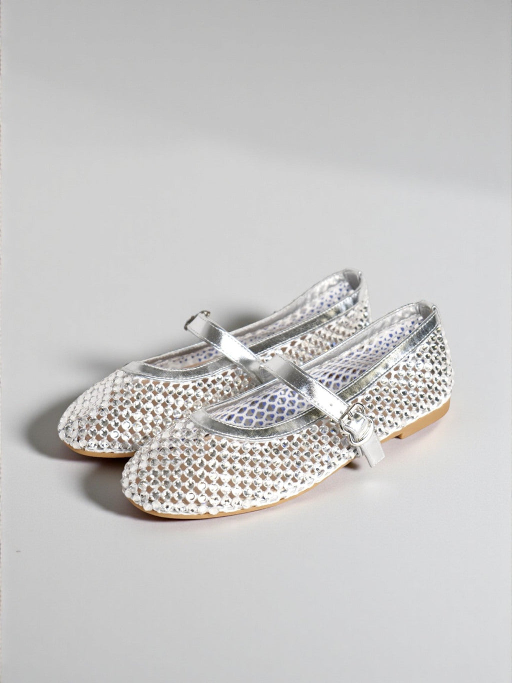 Bailarinas Mujer Plateadas con Brillos y Pulsera Mary Jane, Zapatos Planos con Pedrería y Correa Ajustable, Flats Elegantes para Fiesta, Eventos y Celebraciones