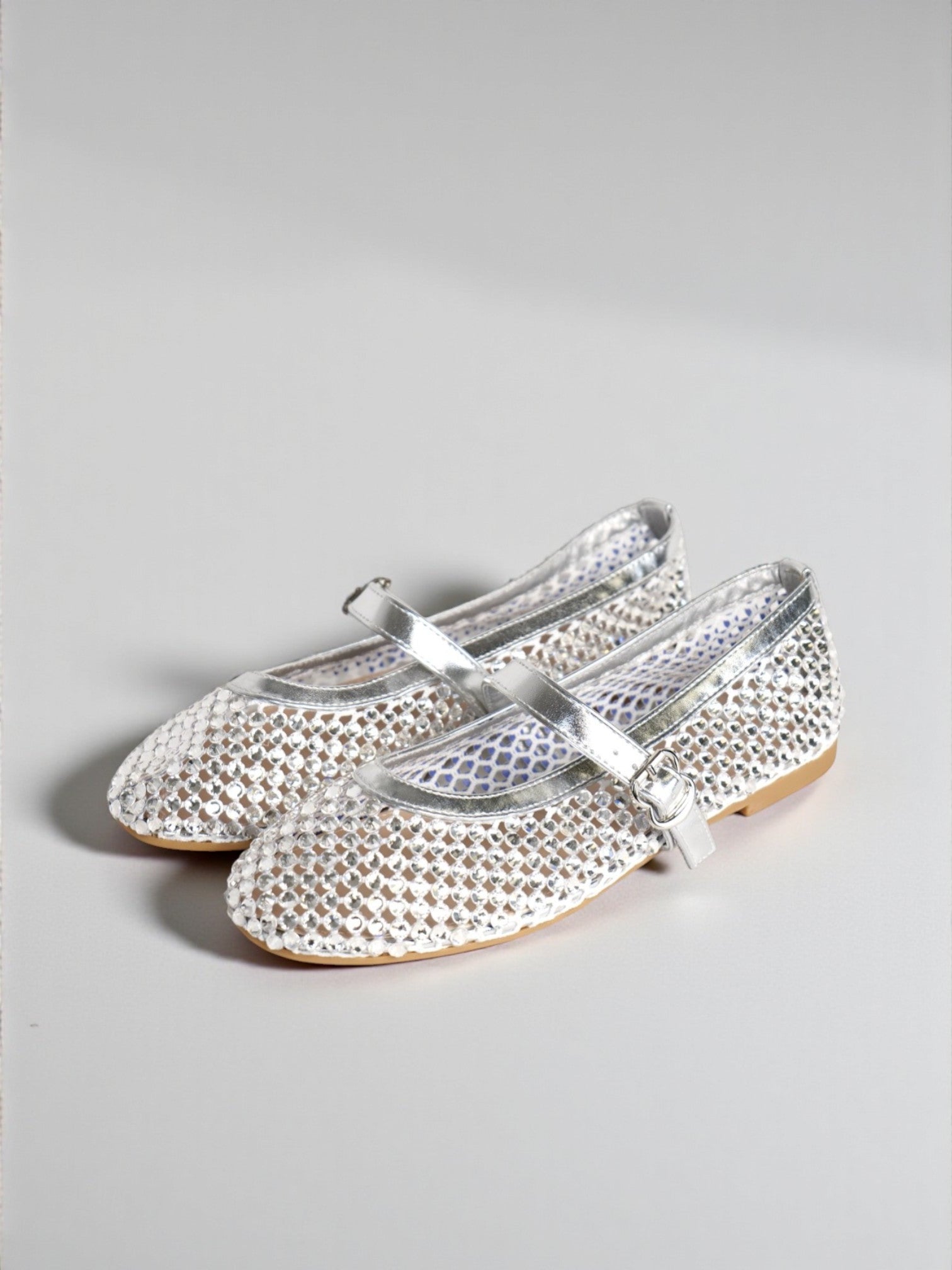 Bailarinas Mujer Plateadas con Brillos y Pulsera Mary Jane, Zapatos Planos con Pedrería y Correa Ajustable, Flats Elegantes para Fiesta, Eventos y Celebraciones