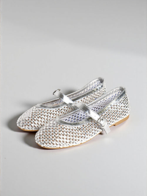 Bailarinas Mujer Plateadas con Brillos y Pulsera Mary Jane, Zapatos Planos con Pedrería y Correa Ajustable, Flats Elegantes para Fiesta, Eventos y Celebraciones