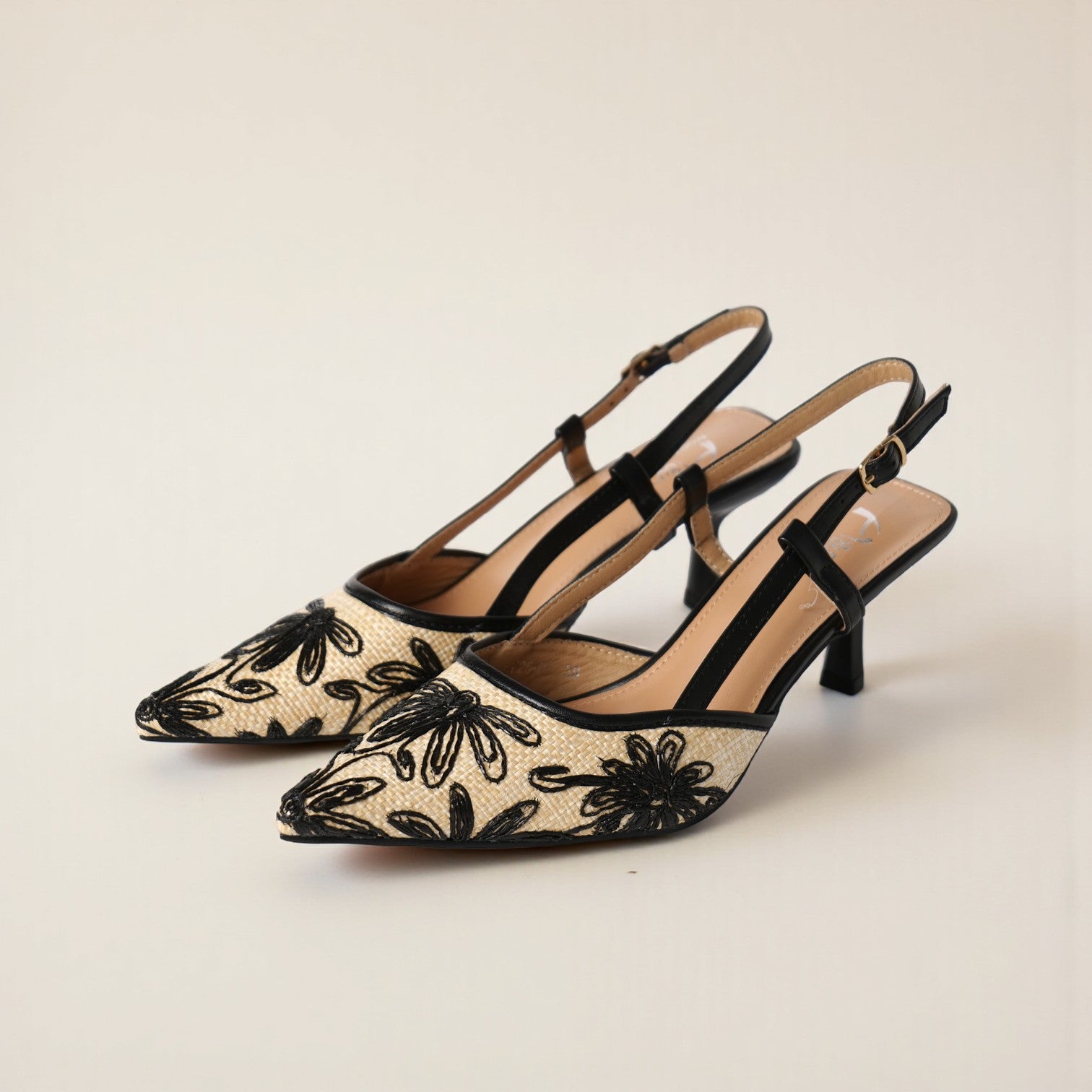 Zapatos Mujer Slingback de Tacón Medio con Punta Fina y Bordado Floral en Contraste, Sandalias Elegantes con Pulsera Ajustable para Fiesta, Oficina y Eventos