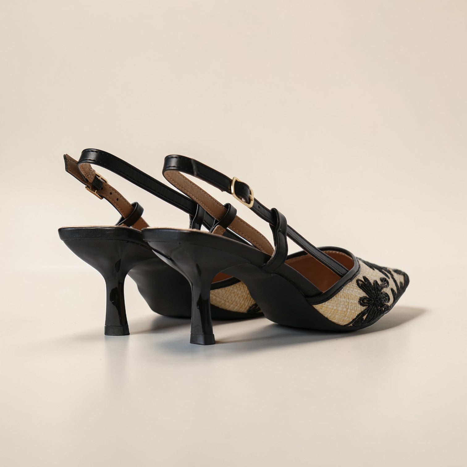 Zapatos Mujer Slingback de Tacón Medio con Punta Fina y Bordado Floral en Contraste, Sandalias Elegantes con Pulsera Ajustable para Fiesta, Oficina y Eventos