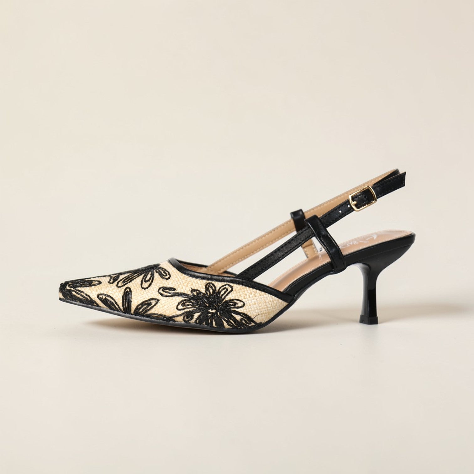 Zapatos Mujer Slingback de Tacón Medio con Punta Fina y Bordado Floral en Contraste, Sandalias Elegantes con Pulsera Ajustable para Fiesta, Oficina y Eventos