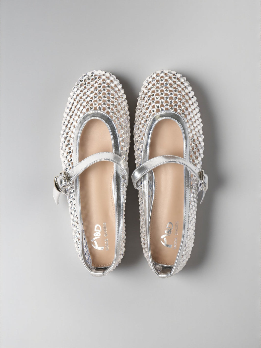 Bailarinas Mujer Plateadas con Brillos y Pulsera Mary Jane, Zapatos Planos con Pedrería y Correa Ajustable, Flats Elegantes para Fiesta, Eventos y Celebraciones