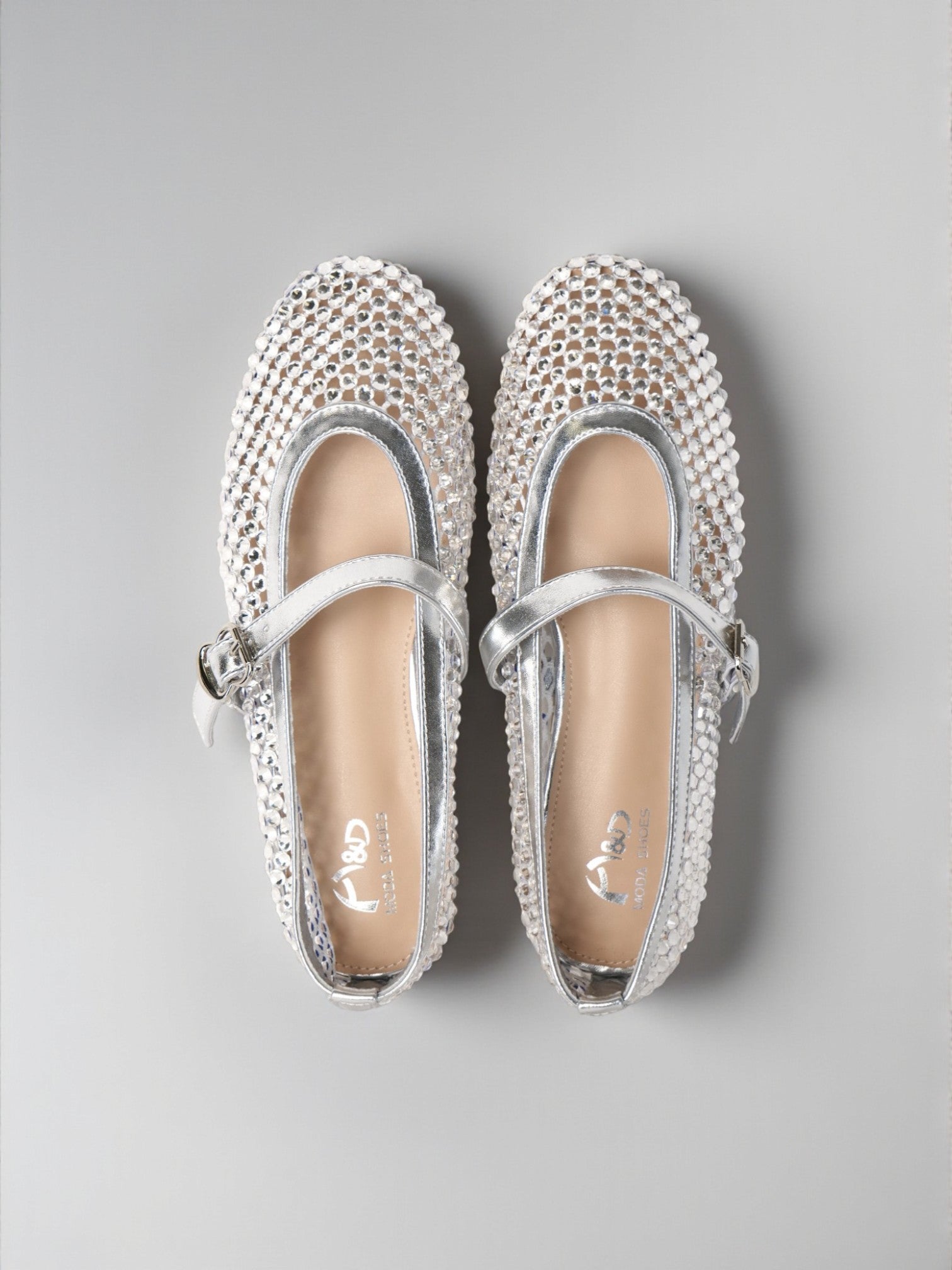 Bailarinas Mujer Plateadas con Brillos y Pulsera Mary Jane, Zapatos Planos con Pedrería y Correa Ajustable, Flats Elegantes para Fiesta, Eventos y Celebraciones