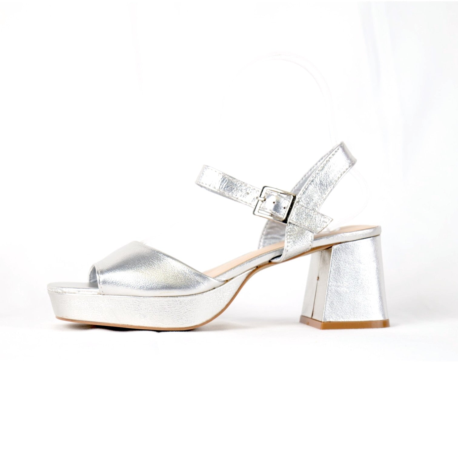 Sandalias de Tacón Ancho Mujer con Plataforma y Hebilla Ajustable, Sandalia Metalizada de Cuero Sintético con Tacón Cuadrado Alto para Fiesta, Boda, Eventos y Noche