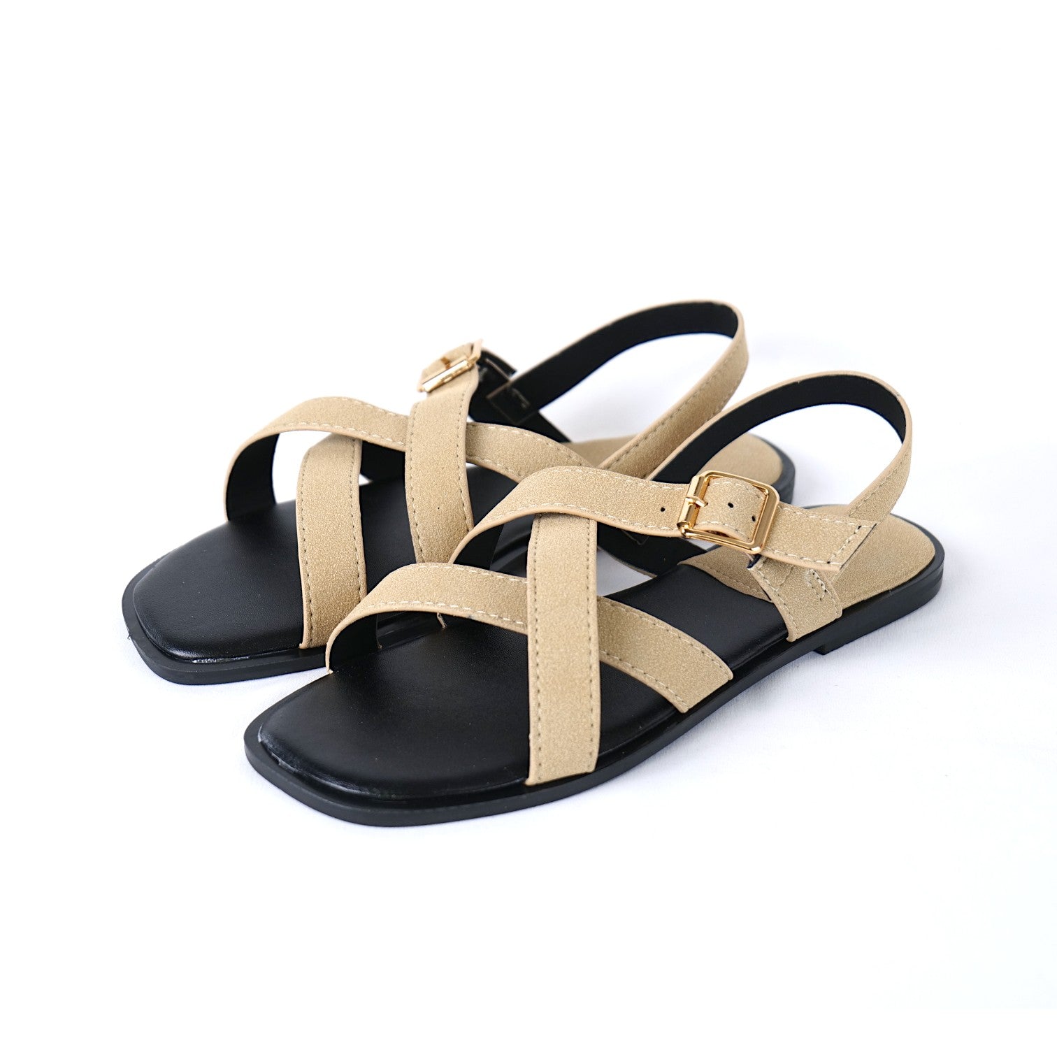 Sandalias Planas Mujer con Tiras Cruzadas y Hebilla Ajustable al Tobillo, Sandalia Baja de Gamuza Sintética y Cuero Sintético con Punta Cuadrada para Verano, Diario y Vacaciones