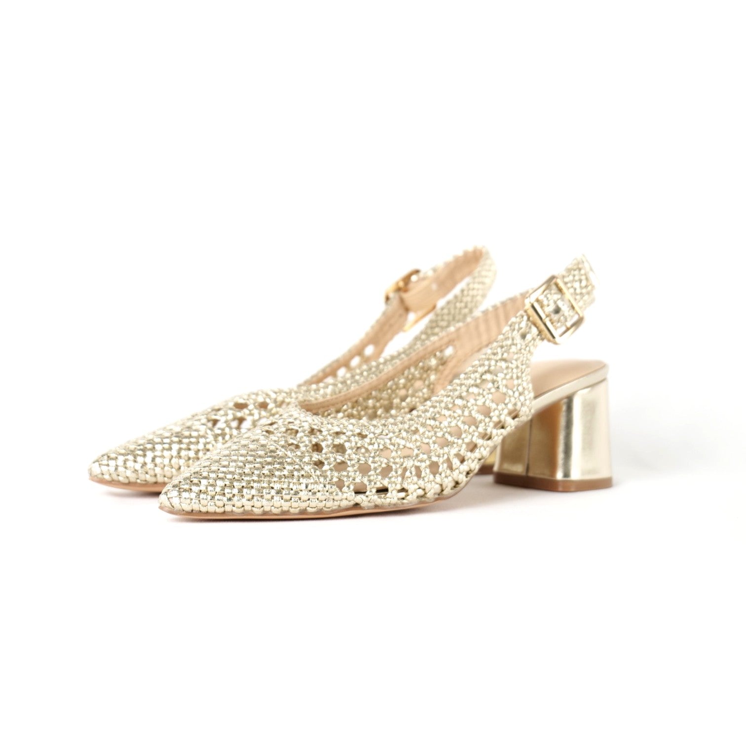 Zapatos Destalonados para Mujer con Punta Fina y Diseño Calado Trenzado de brillo, Zapatos Elegantes de Tacón Medio con Pulsera Ajustable al Tobillo de Material Sintético