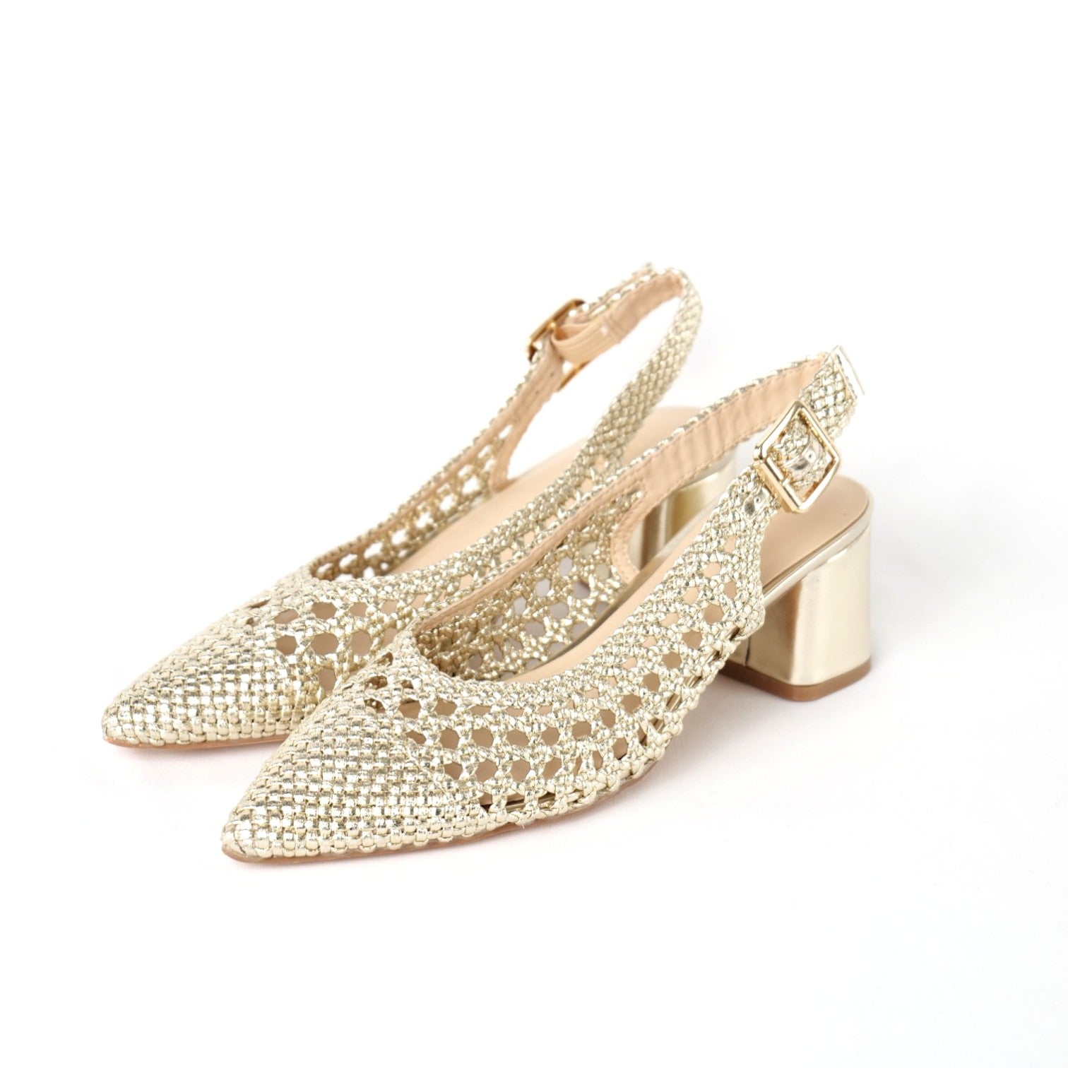 Zapatos Destalonados para Mujer con Punta Fina y Diseño Calado Trenzado de brillo, Zapatos Elegantes de Tacón Medio con Pulsera Ajustable al Tobillo de Material Sintético