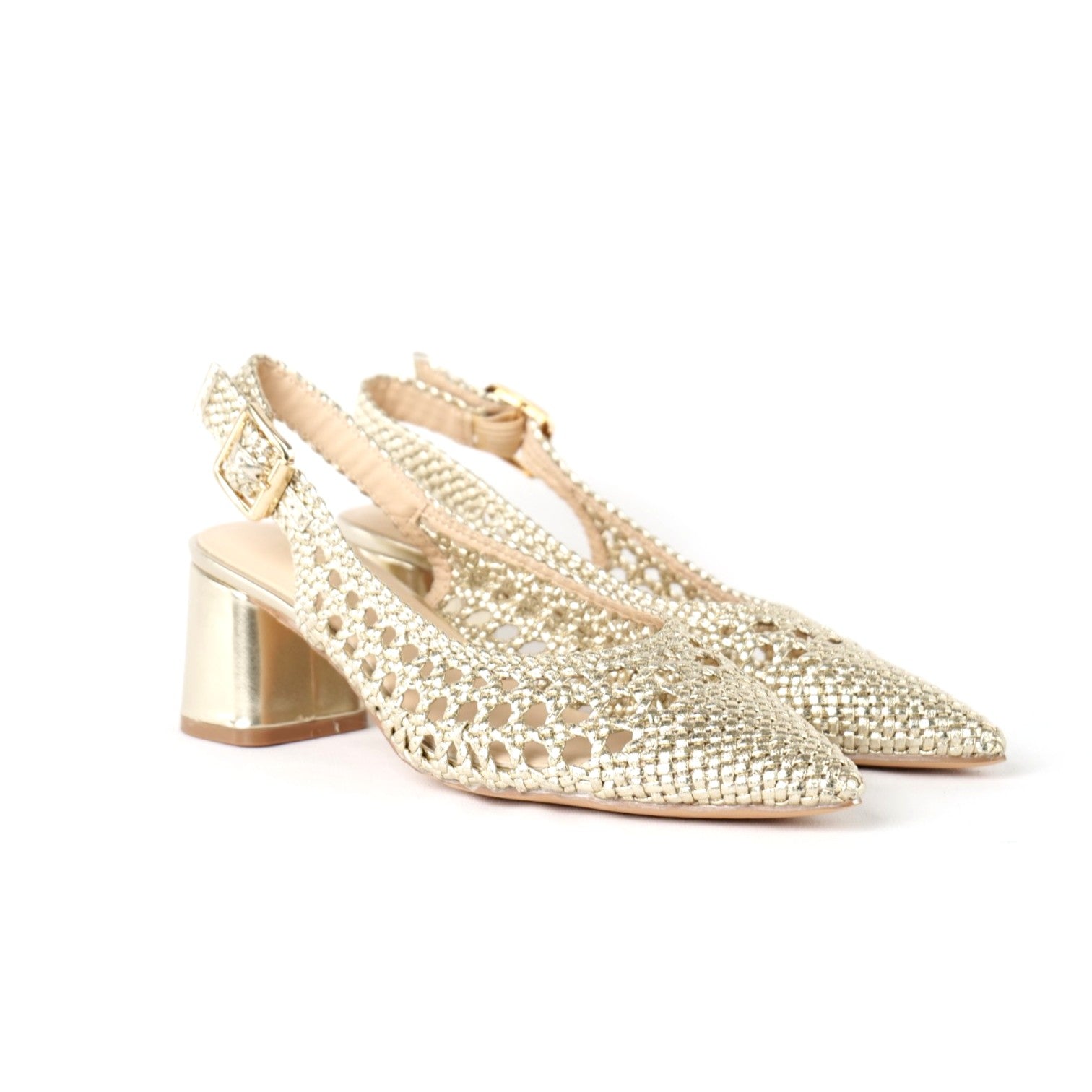 Zapatos Destalonados para Mujer con Punta Fina y Diseño Calado Trenzado de brillo, Zapatos Elegantes de Tacón Medio con Pulsera Ajustable al Tobillo de Material Sintético