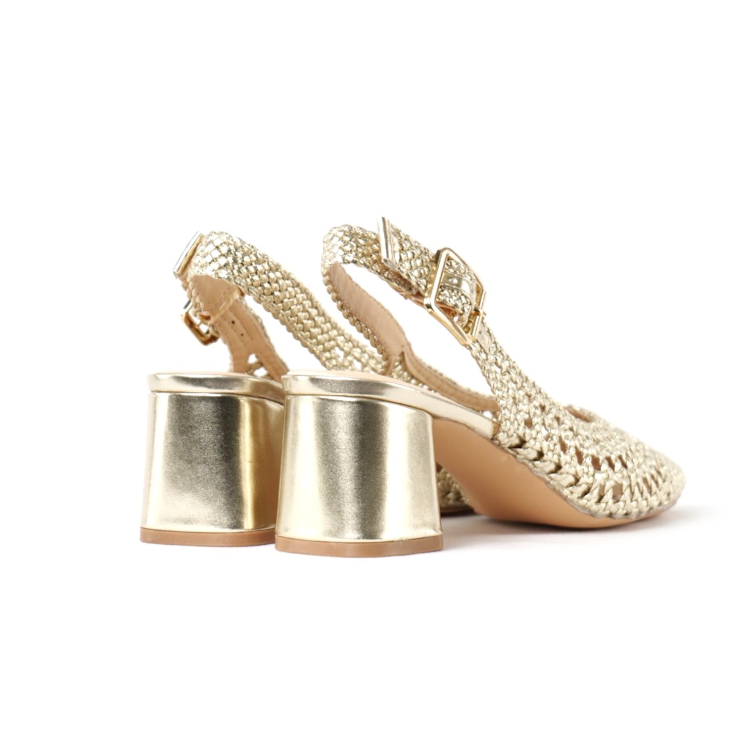 Zapatos Destalonados para Mujer con Punta Fina y Diseño Calado Trenzado de brillo, Zapatos Elegantes de Tacón Medio con Pulsera Ajustable al Tobillo de Material Sintético