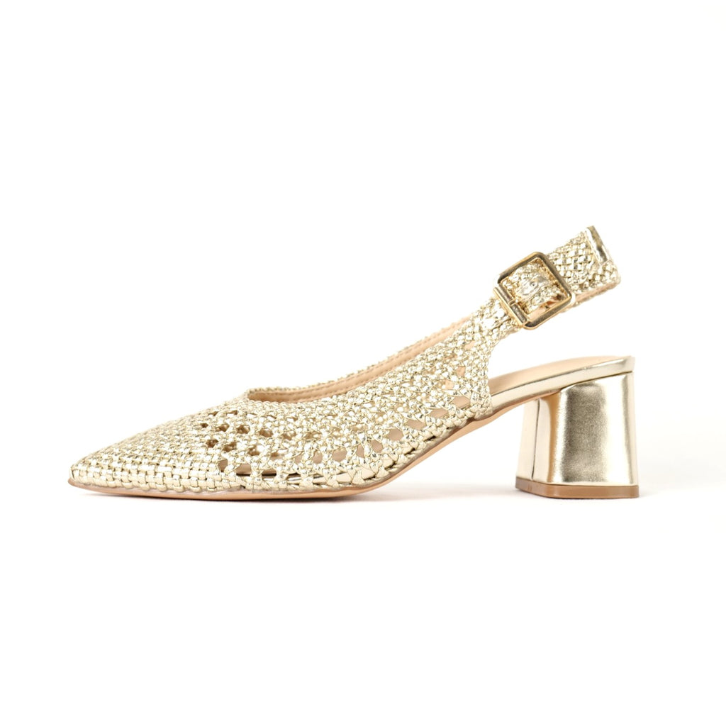 Zapatos Destalonados para Mujer con Punta Fina y Diseño Calado Trenzado de brillo, Zapatos Elegantes de Tacón Medio con Pulsera Ajustable al Tobillo de Material Sintético