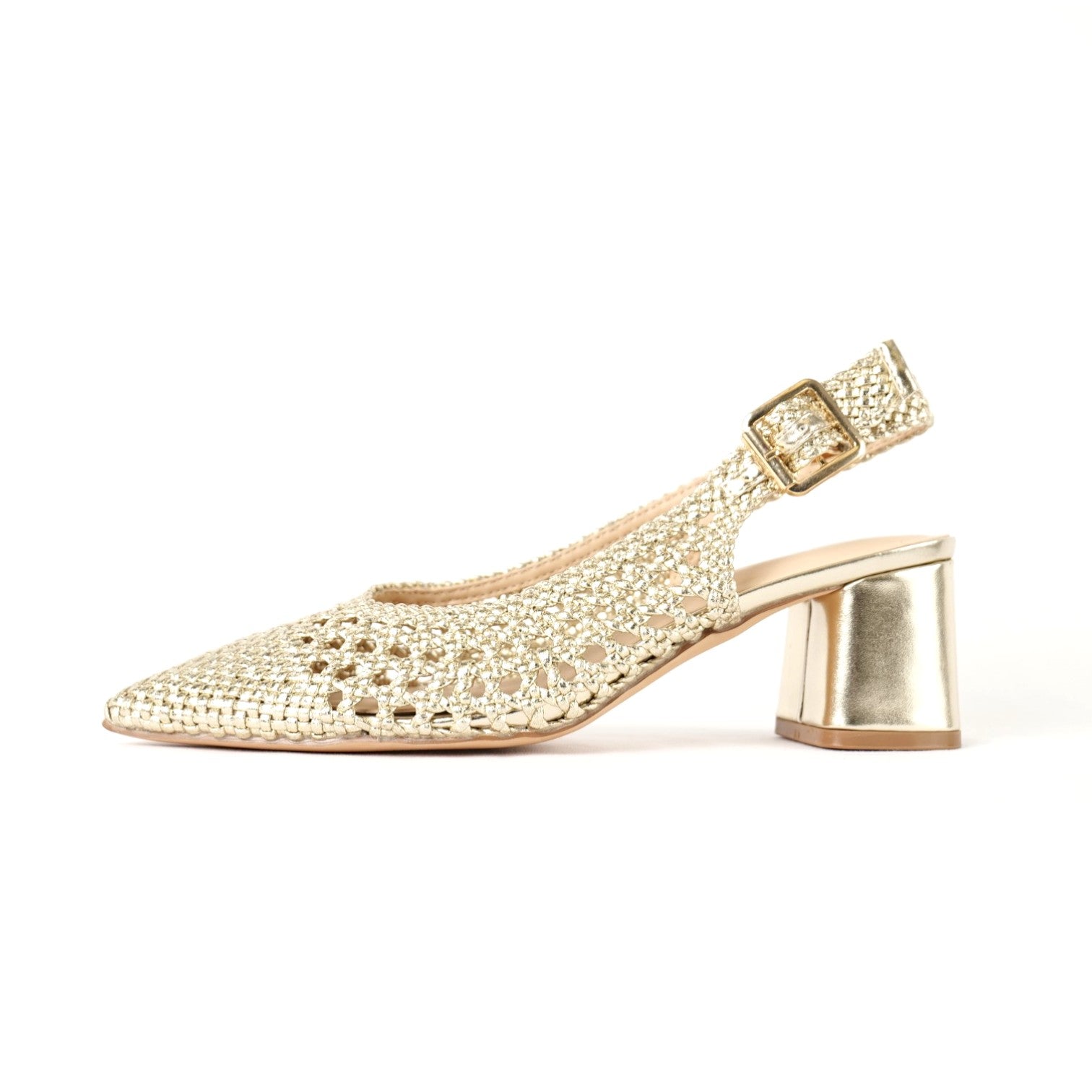 Zapatos Destalonados para Mujer con Punta Fina y Diseño Calado Trenzado de brillo, Zapatos Elegantes de Tacón Medio con Pulsera Ajustable al Tobillo de Material Sintético