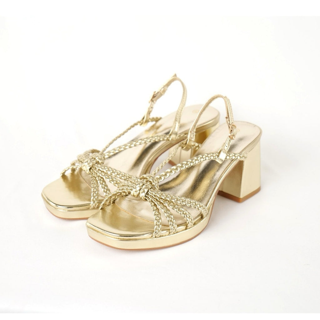 Sandalias de Tacón Medio para Mujer con Tiras Trenzadas y Nudo Decorativo en Empeine, Sandalias Elegantes Abiertas con Pulsera Ajustable al Tobillo y Tacón Ancho de Material Sintético