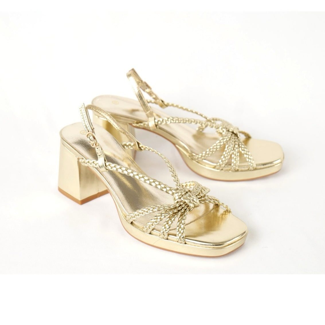 Sandalias de Tacón Medio para Mujer con Tiras Trenzadas y Nudo Decorativo en Empeine, Sandalias Elegantes Abiertas con Pulsera Ajustable al Tobillo y Tacón Ancho de Material Sintético