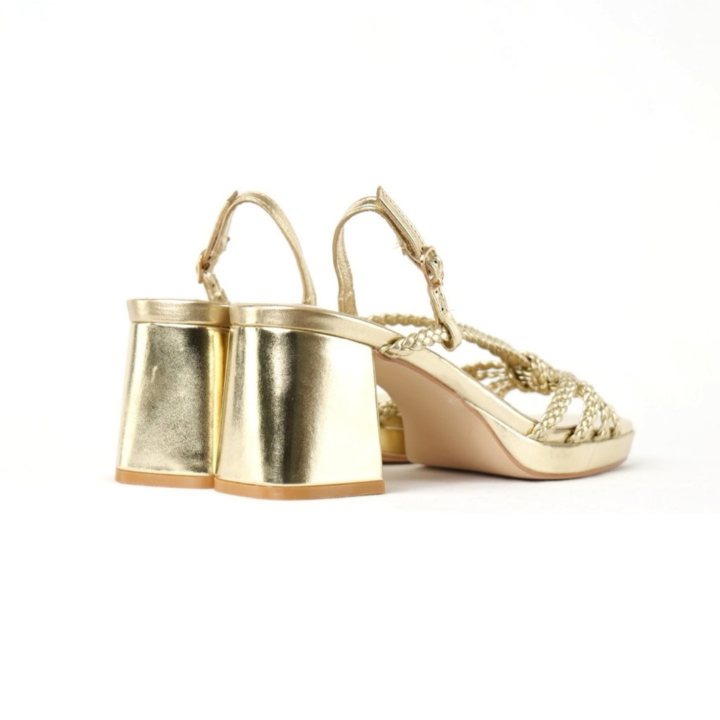 Sandalias de Tacón Medio para Mujer con Tiras Trenzadas y Nudo Decorativo en Empeine, Sandalias Elegantes Abiertas con Pulsera Ajustable al Tobillo y Tacón Ancho de Material Sintético