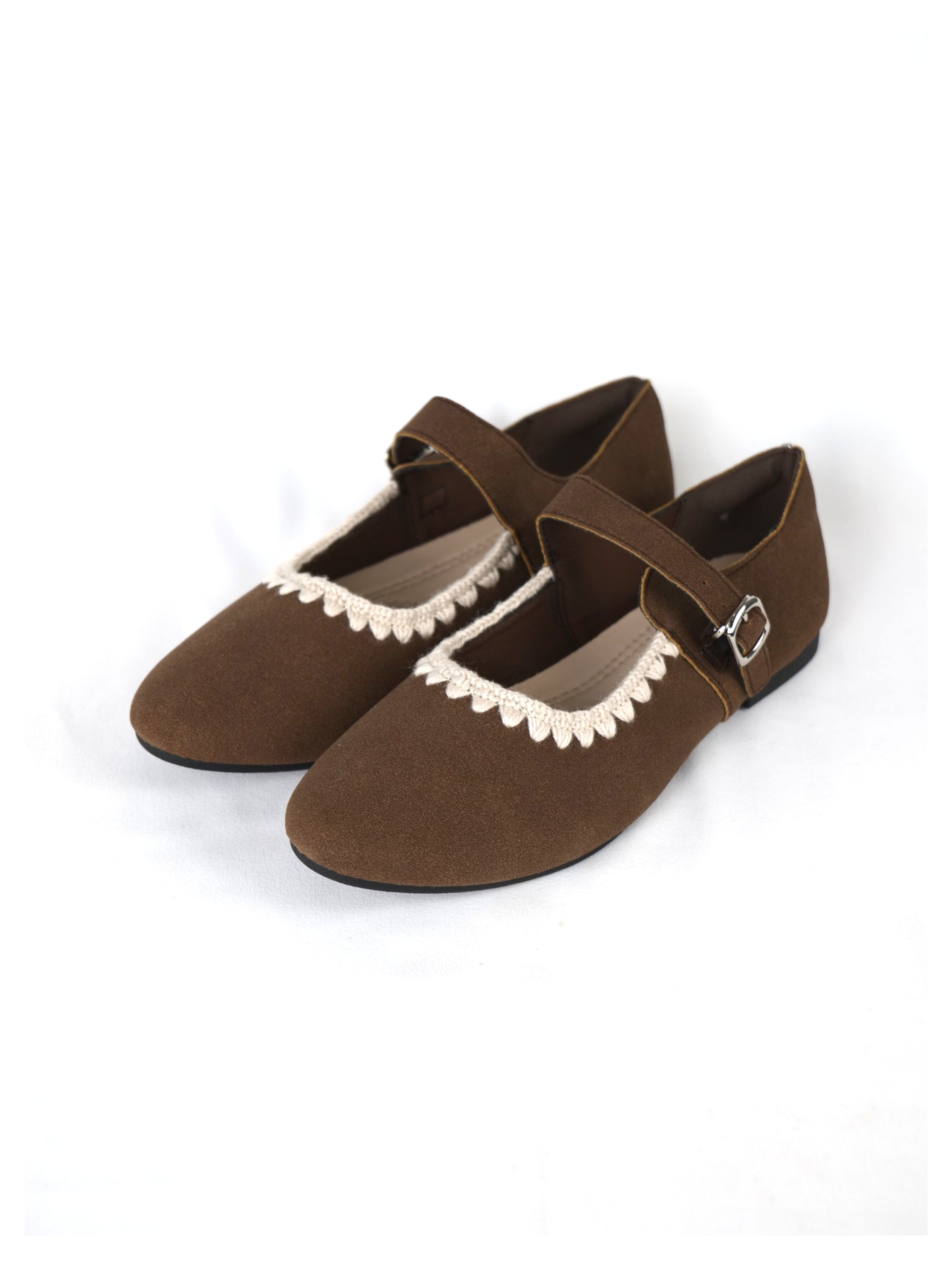 Bailarinas con detalle decorativo ondulado en ganchillo en el borde, tipo Mary Jane para mujer con pulsera y hebilla ajustable, punta redondeada y acabado en gamuza sintética, zapatos planos elegantes para diario, oficina y looks casuales
