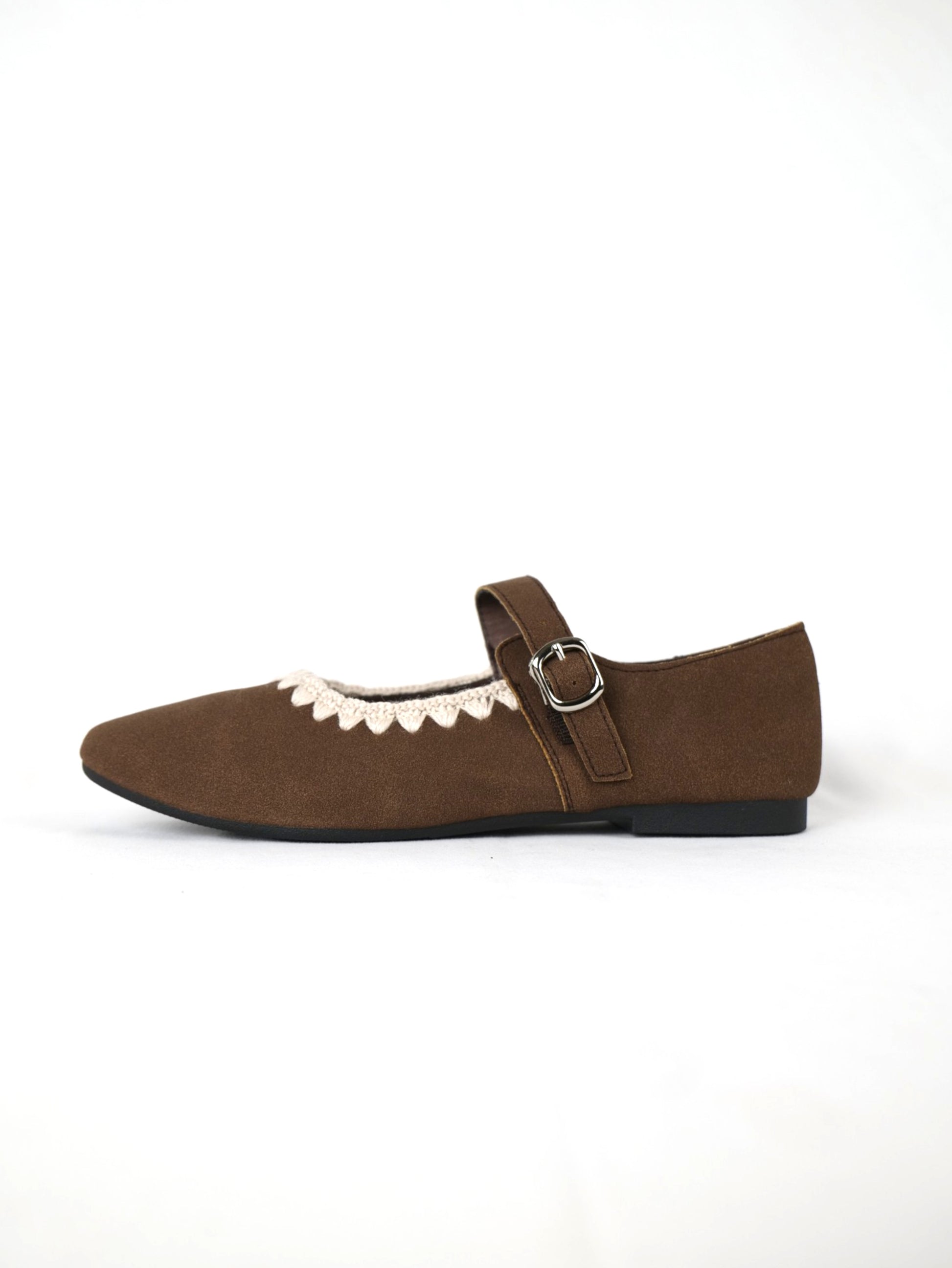 Bailarinas con detalle decorativo ondulado en ganchillo en el borde, tipo Mary Jane para mujer con pulsera y hebilla ajustable, punta redondeada y acabado en gamuza sintética, zapatos planos elegantes para diario, oficina y looks casuales