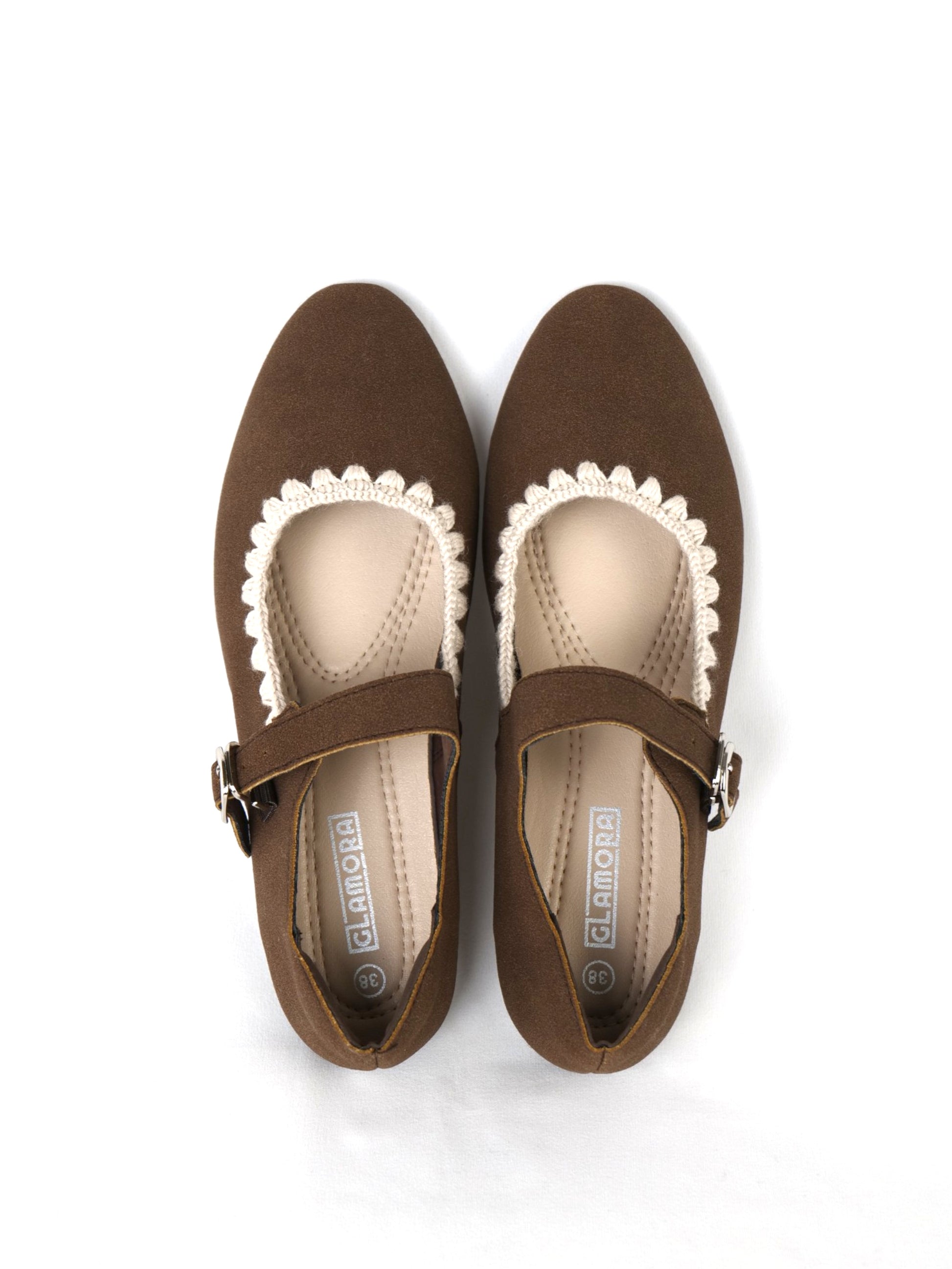 Bailarinas con detalle decorativo ondulado en ganchillo en el borde, tipo Mary Jane para mujer con pulsera y hebilla ajustable, punta redondeada y acabado en gamuza sintética, zapatos planos elegantes para diario, oficina y looks casuales