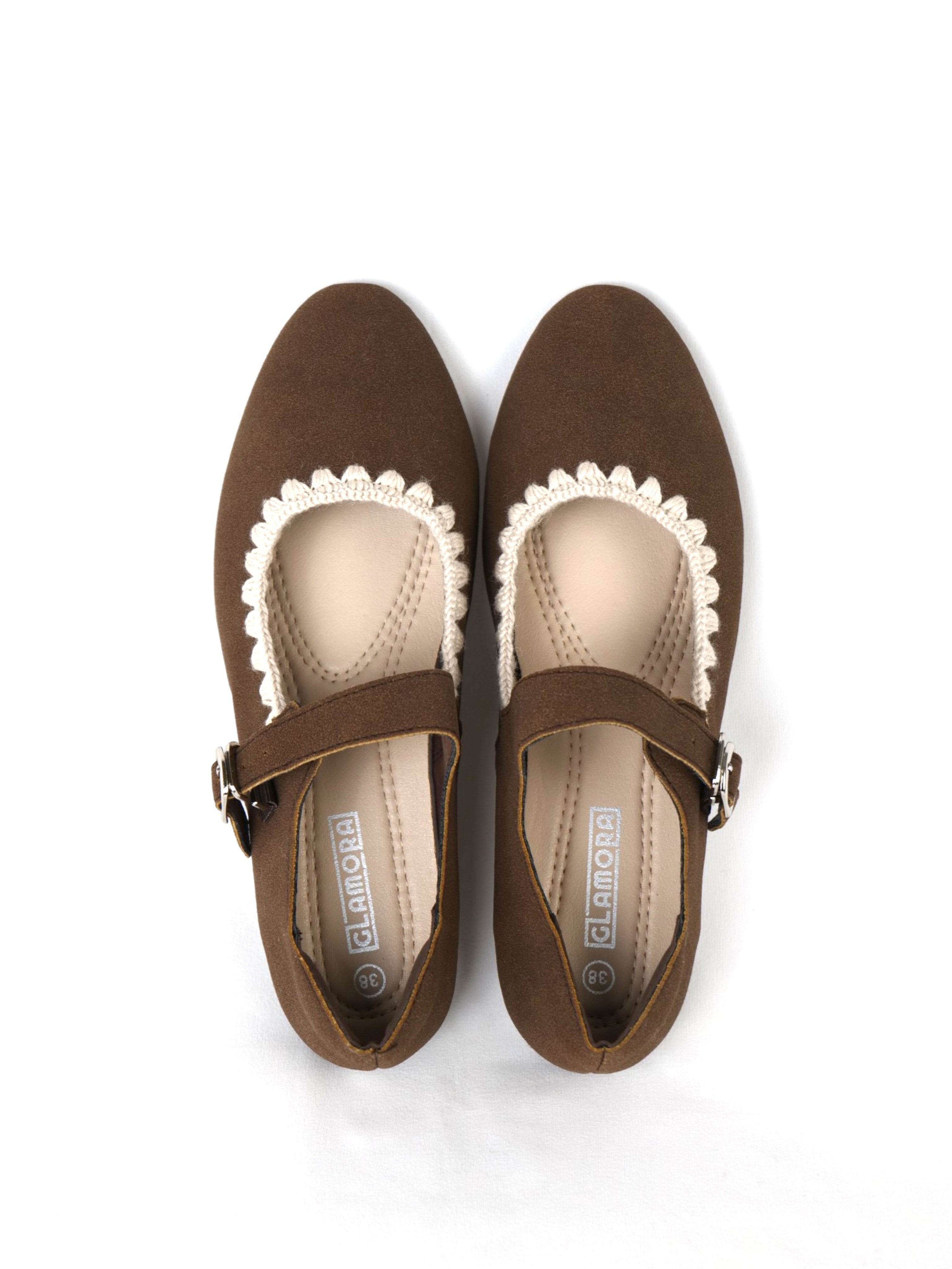 Bailarinas con detalle decorativo ondulado en ganchillo en el borde, tipo Mary Jane para mujer con pulsera y hebilla ajustable, punta redondeada y acabado en gamuza sintética, zapatos planos elegantes para diario, oficina y looks casuales
