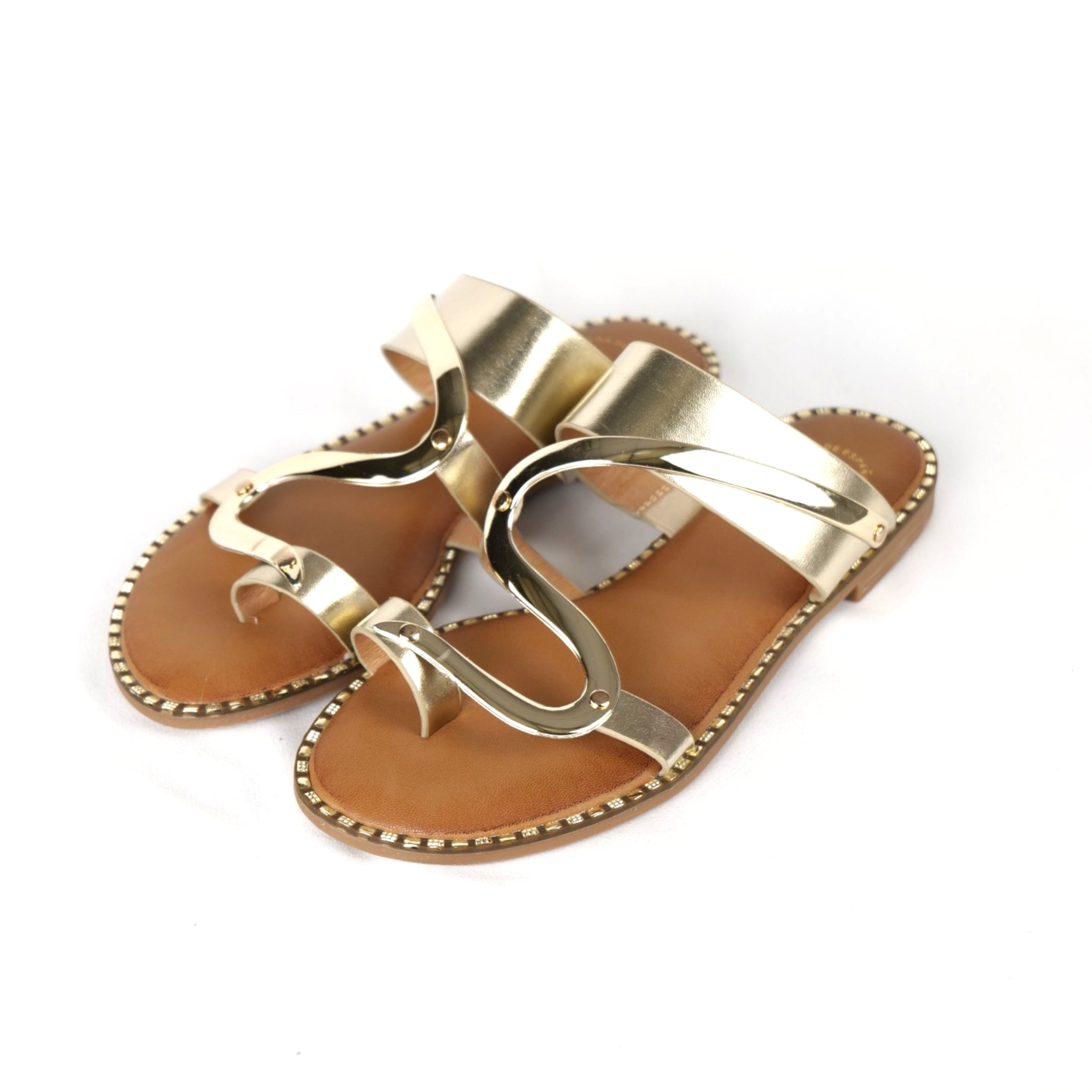 Sandalias planas tipo dedo para mujer diseño de tiras onduladas, tiras anchas y acabado brillo, plantilla ultraacolchada, chanclas elegantes con detalle decorativo y suela fina con borde decorativo