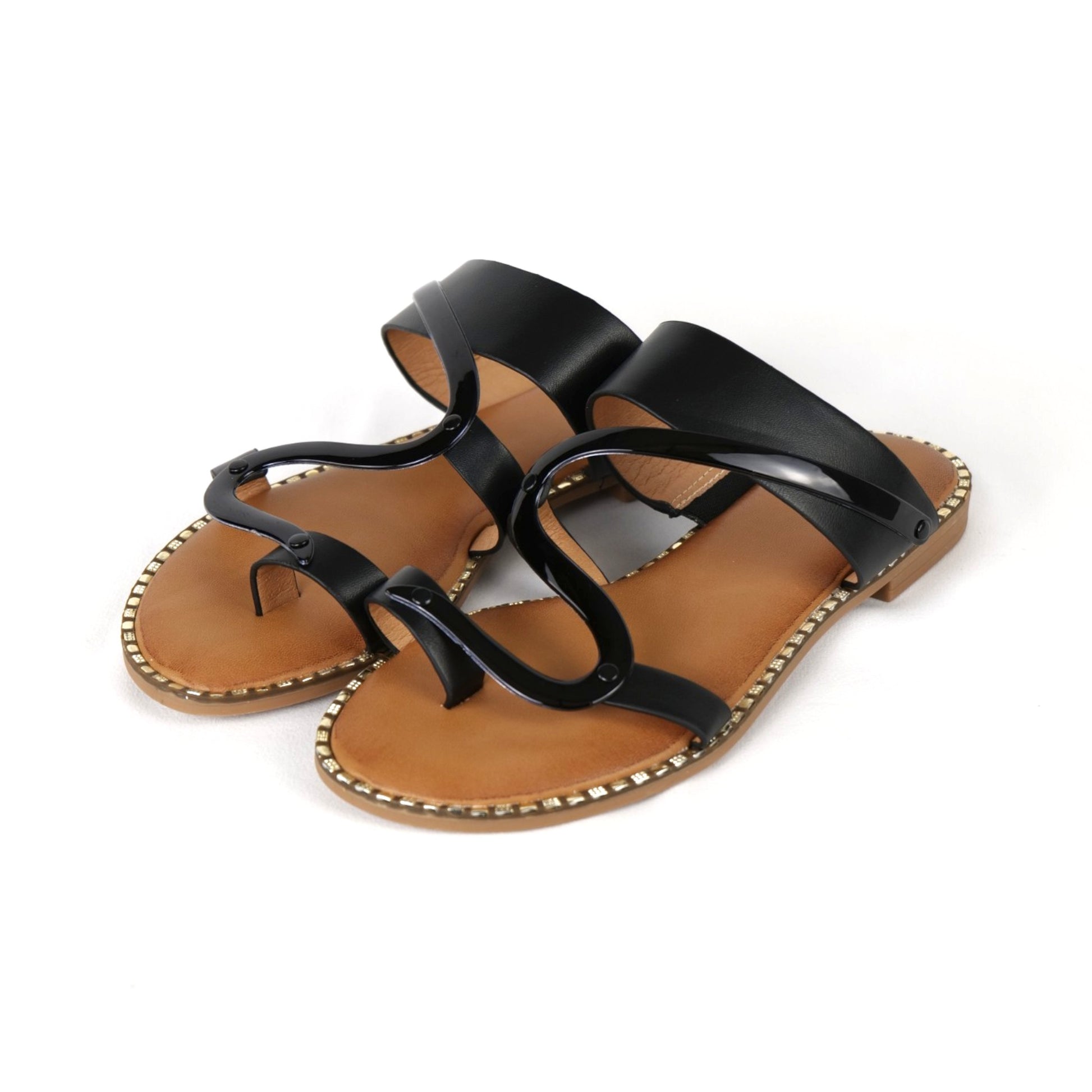 Sandalias planas tipo dedo para mujer diseño de tiras onduladas, tiras anchas y acabado brillo, plantilla ultraacolchada, chanclas elegantes con detalle decorativo y suela fina con borde decorativo