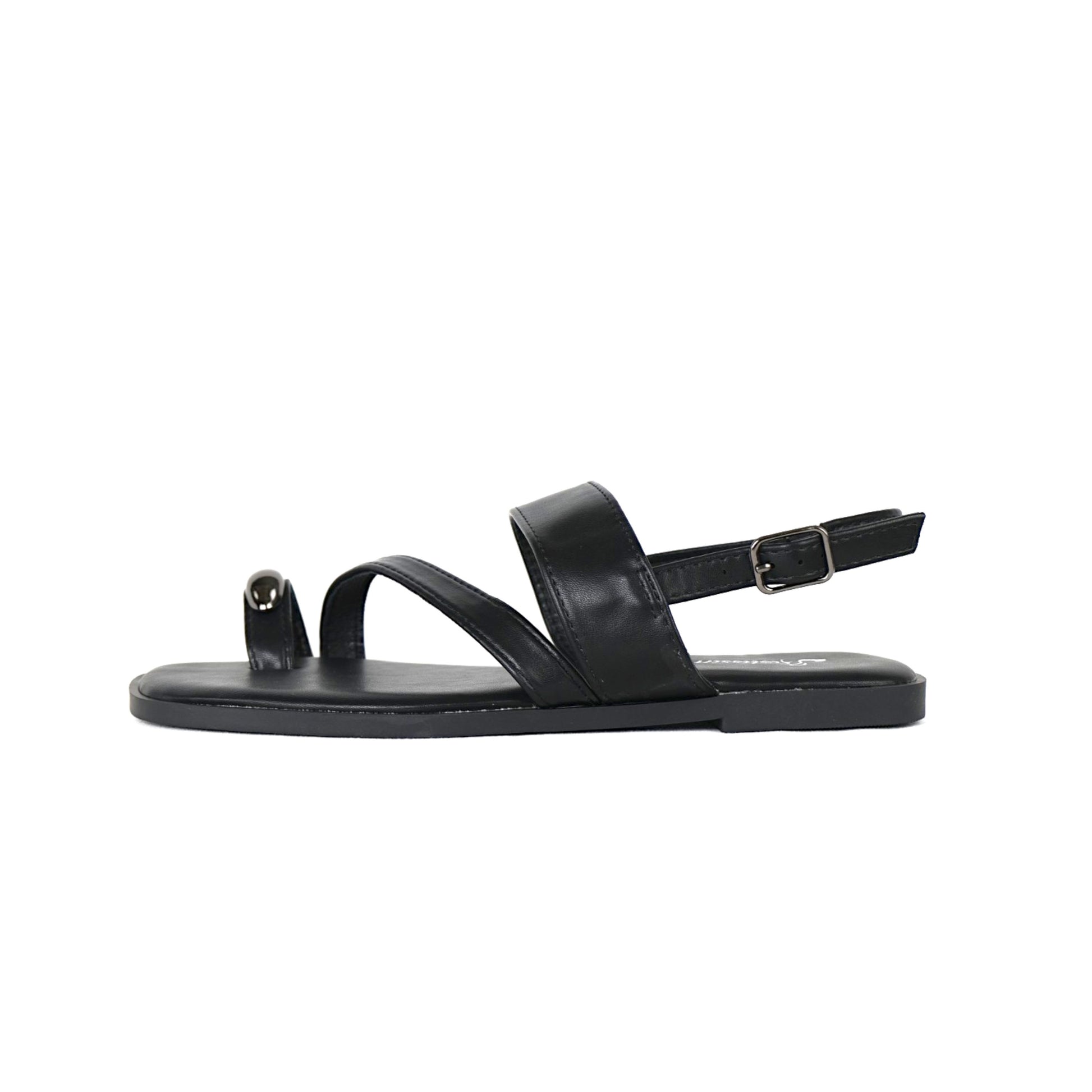 Sandalias planas para mujer con tiras cruzadas y detalle metálico decorativo, sandalias minimalistas con pulsera trasera y hebilla ajustable en cuero sintético, sandalias elegantes de verano para looks casuales y diario