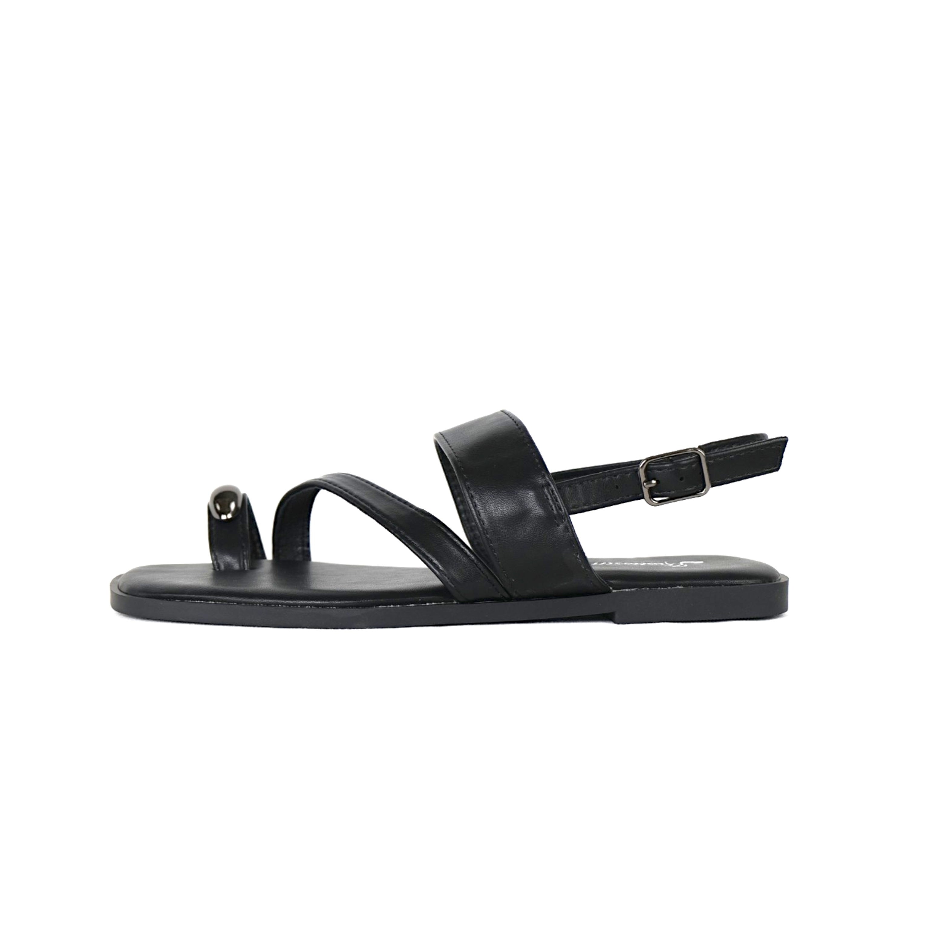 Sandalias planas para mujer con tiras cruzadas y detalle metálico decorativo, sandalias minimalistas con pulsera trasera y hebilla ajustable en cuero sintético, sandalias elegantes de verano para looks casuales y diario
