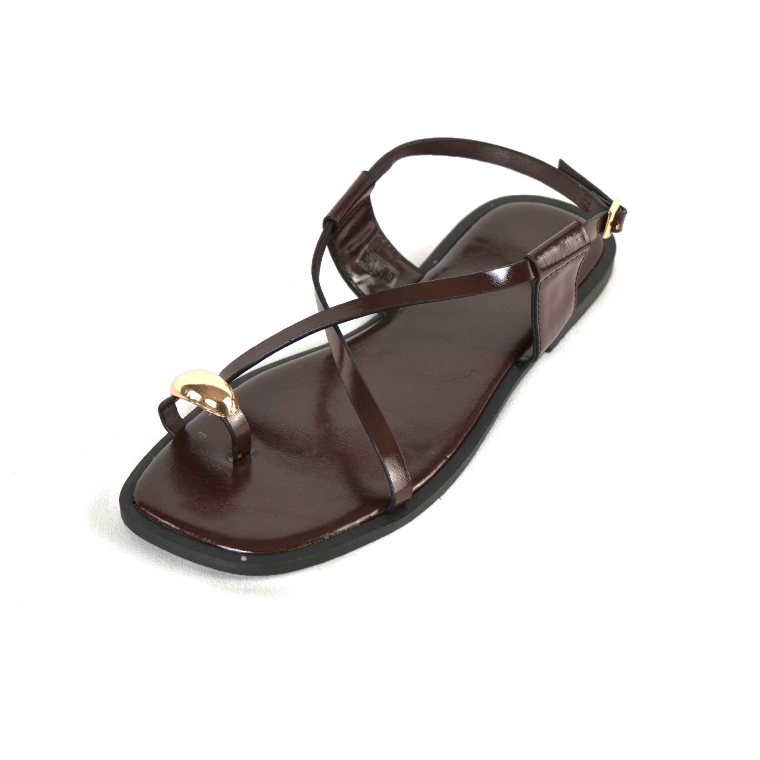 Sandalias con detalle metálico en el dedo y tiras cruzadas en cuero sintético, sandalias minimalistas planas tipo dedo para mujer con tiras finas y pulsera al tobillo con hebilla, sandalias de verano elegantes para diario y playa