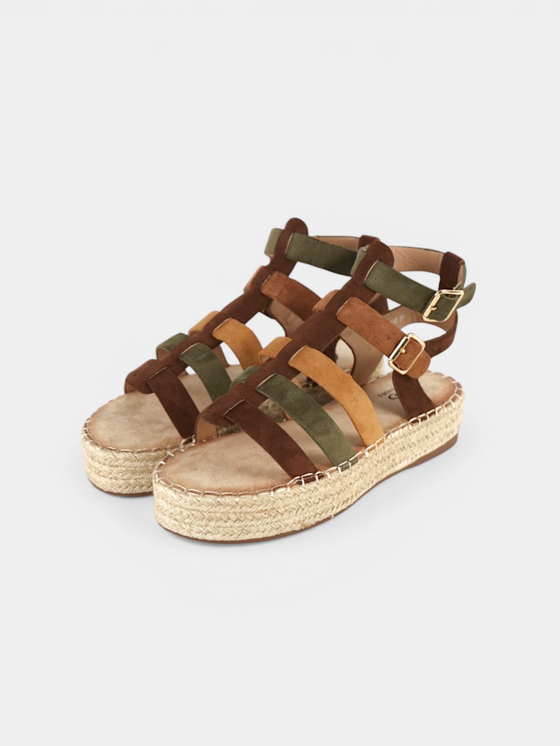 Sandalias romanas mujer plataforma tipo esparto tiras de antelina de marrón chocolate y verde oscuro, sandalias planas con tiras multicolor estilo gladiador, sandalias verano con doble hebilla y suela yute cómoda casual boho