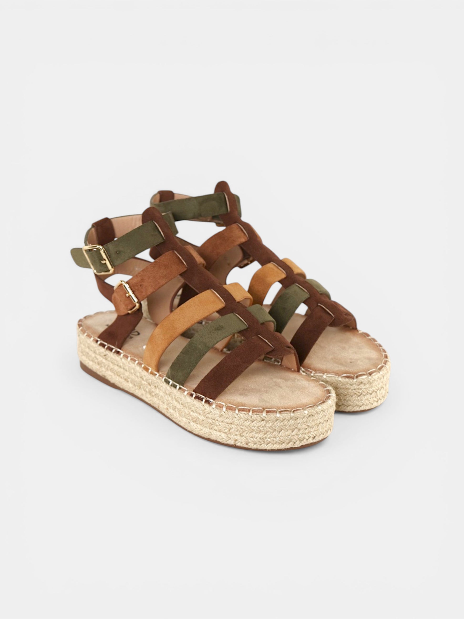 Sandalias romanas mujer plataforma tipo esparto tiras de antelina de marrón chocolate y verde oscuro, sandalias planas con tiras multicolor estilo gladiador, sandalias verano con doble hebilla y suela yute cómoda casual boho