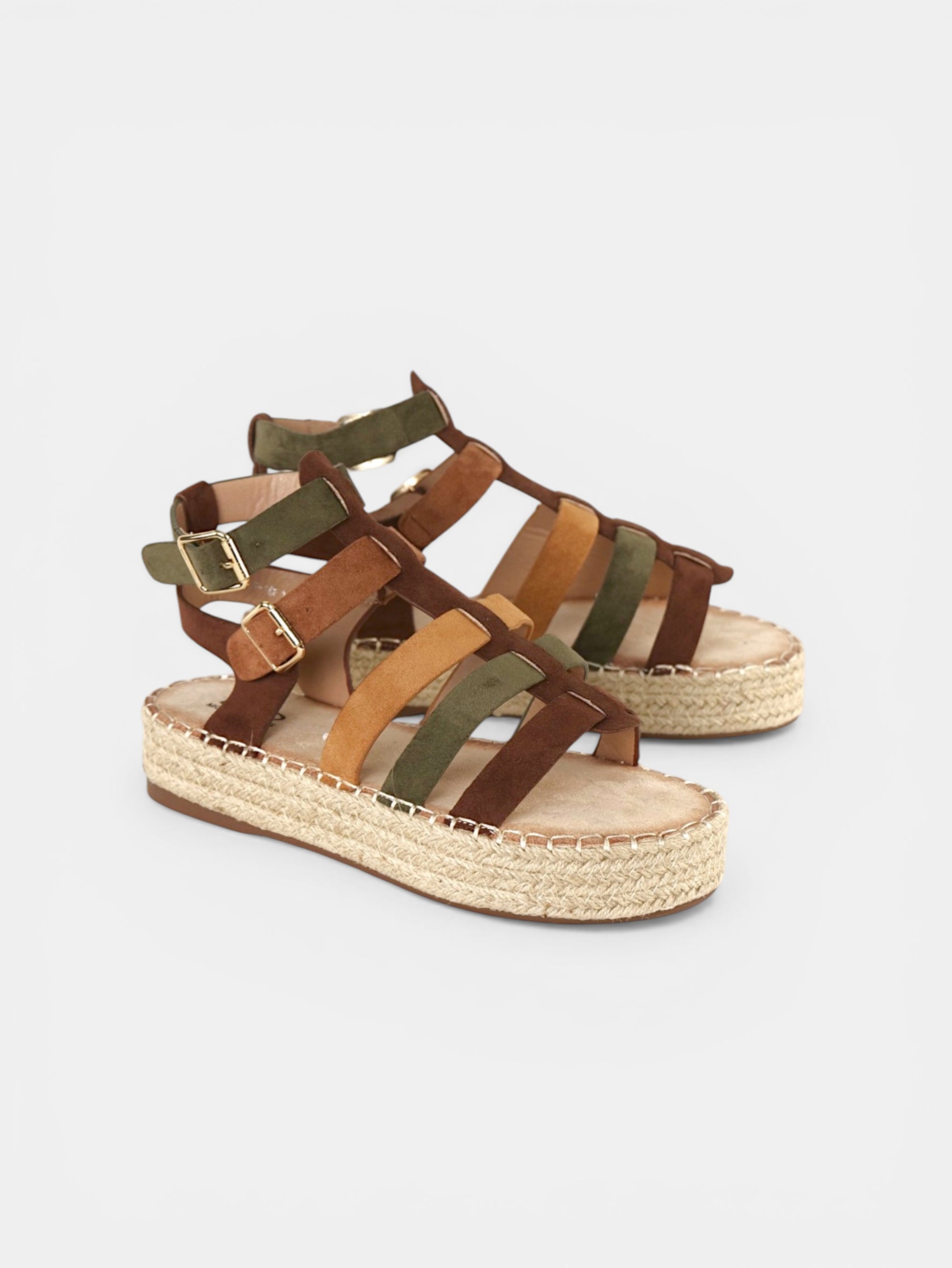 Sandalias romanas mujer plataforma tipo esparto tiras de antelina de marrón chocolate y verde oscuro, sandalias planas con tiras multicolor estilo gladiador, sandalias verano con doble hebilla y suela yute cómoda casual boho