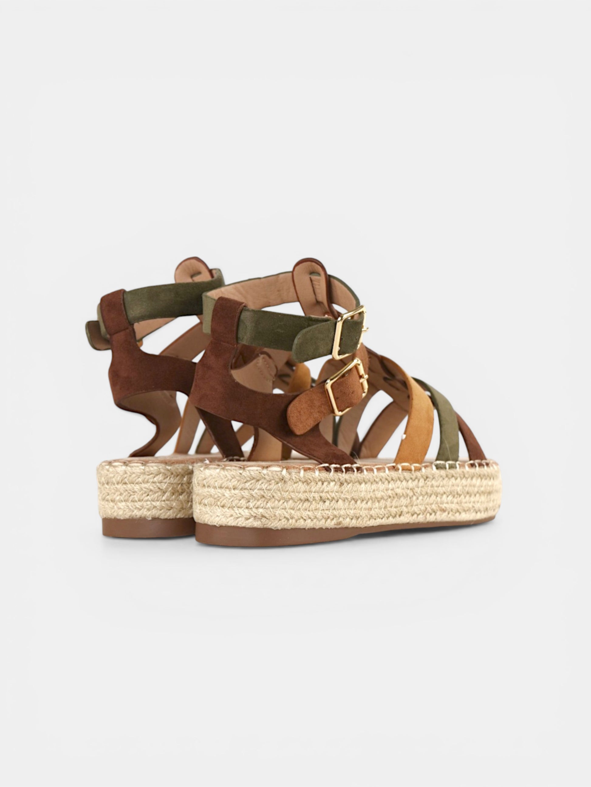 Sandalias romanas mujer plataforma tipo esparto tiras de antelina de marrón chocolate y verde oscuro, sandalias planas con tiras multicolor estilo gladiador, sandalias verano con doble hebilla y suela yute cómoda casual boho
